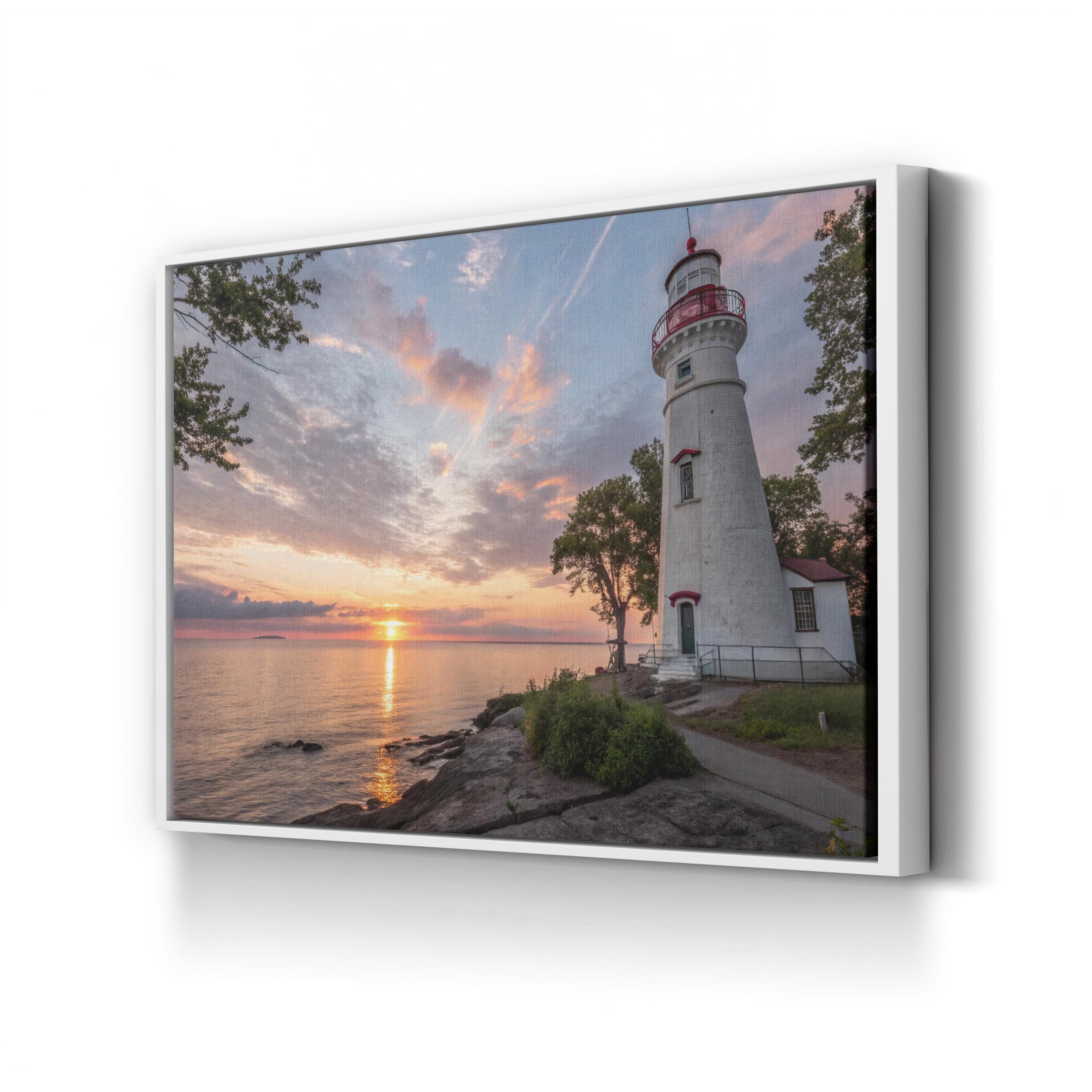 Marblehead Lighthouse Canvas Wall Art: Marblehead Ohio Sunset Coastal Landscape Print
