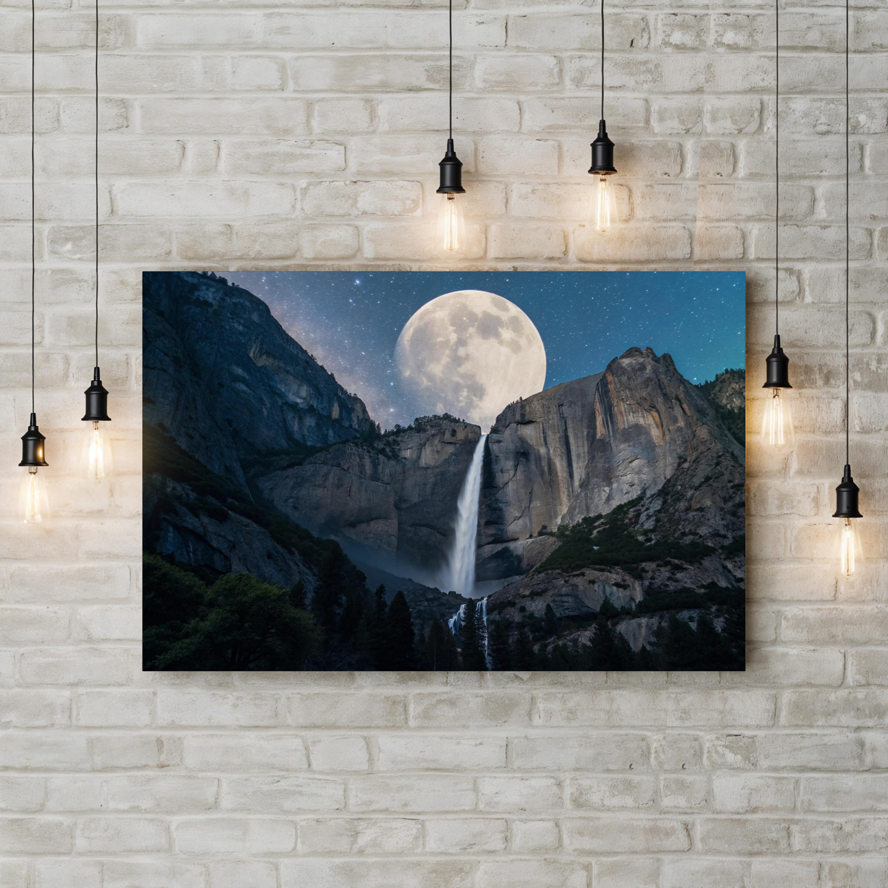 Moonfall Waterfall Night – Vintage Photography Wall Art | Full Moon Canvas Print
