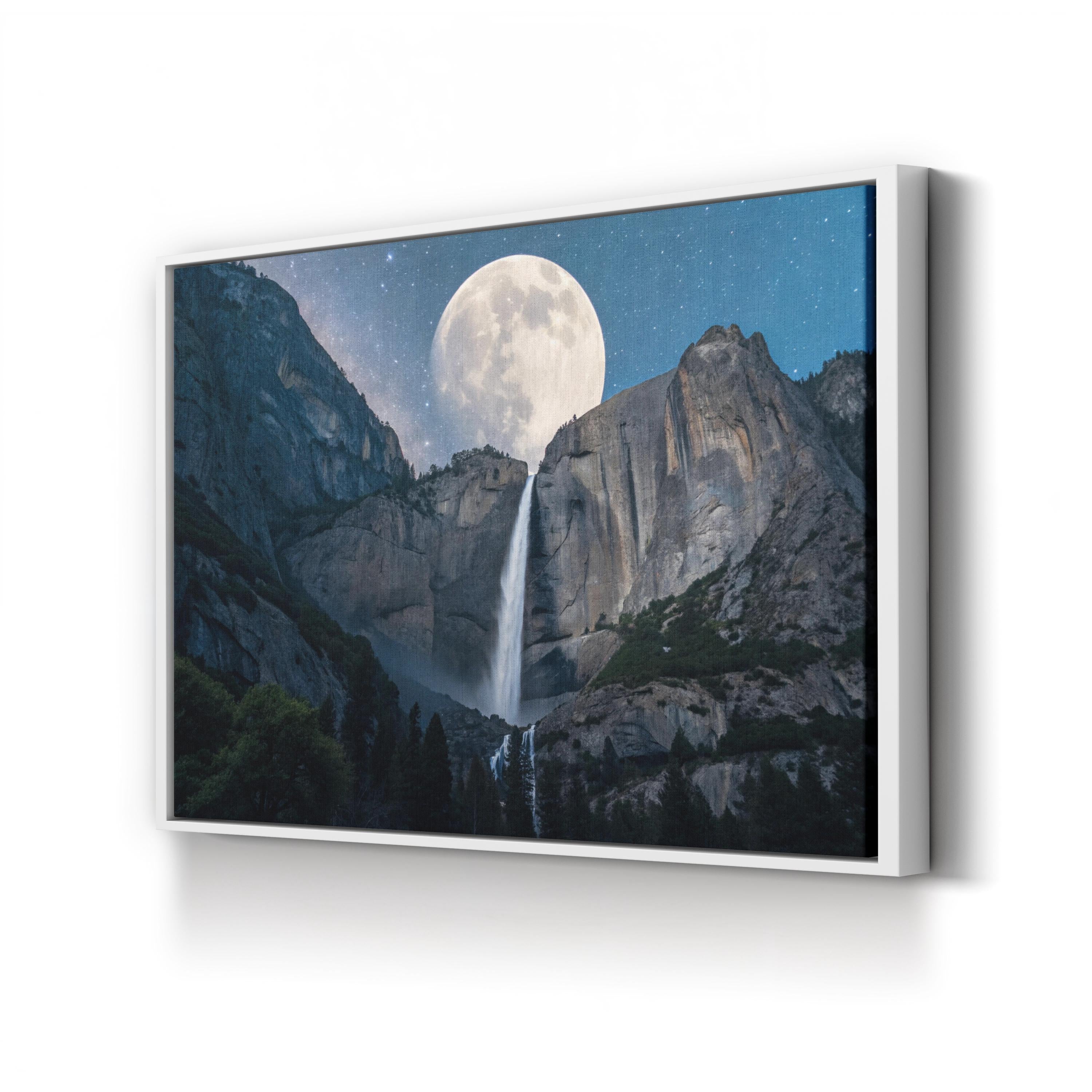Moonfall Waterfall Night – Vintage Photography Wall Art | Full Moon Canvas Print