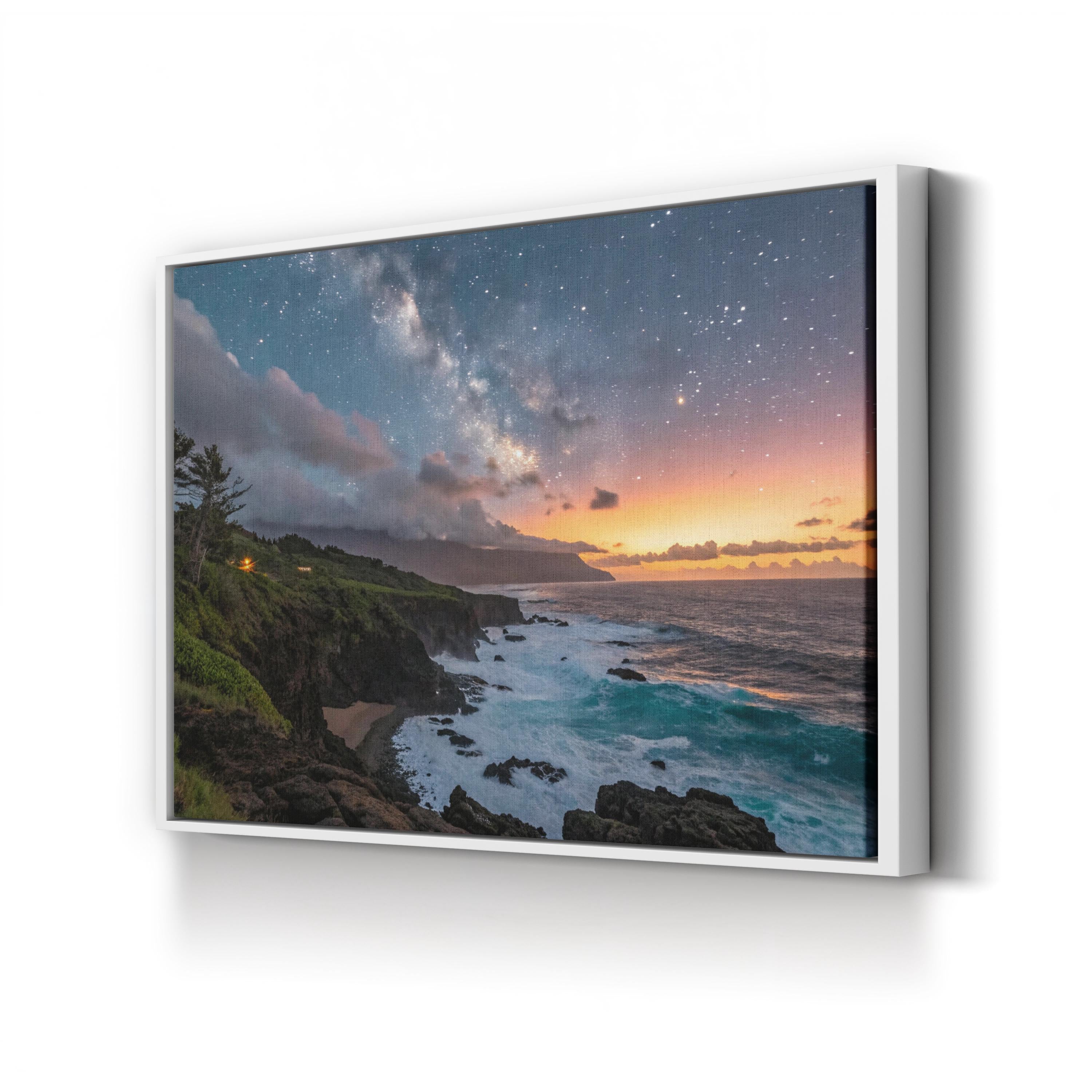 Framed Ocean & Starry Sky – Vintage Photography Wall Art | Coastal Landscape Canvas Print