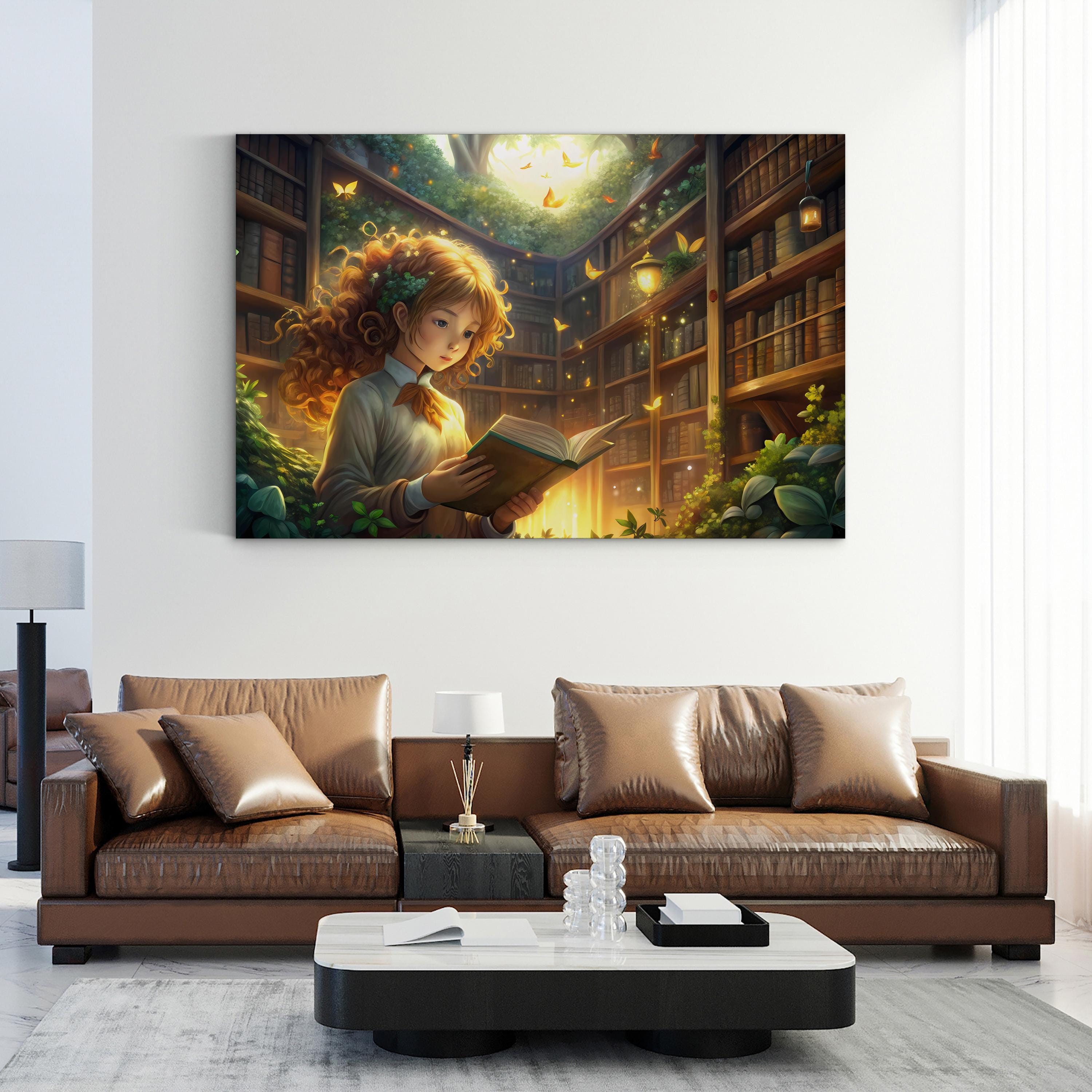 Magical Girl Library – Period Illustration Wall Art | Whimsical Fantasy Canvas Print