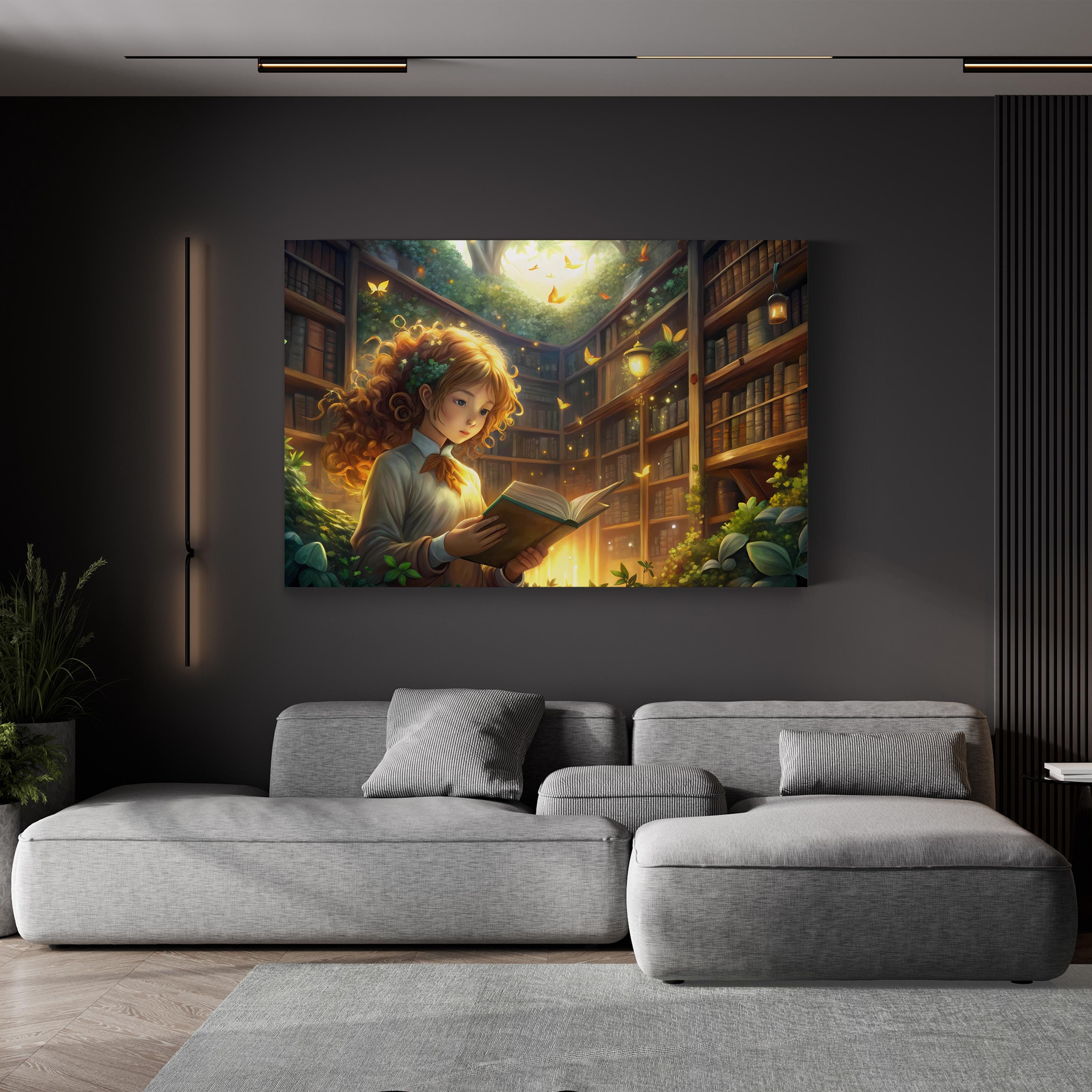Magical Girl Library – Period Illustration Wall Art | Whimsical Fantasy Canvas Print