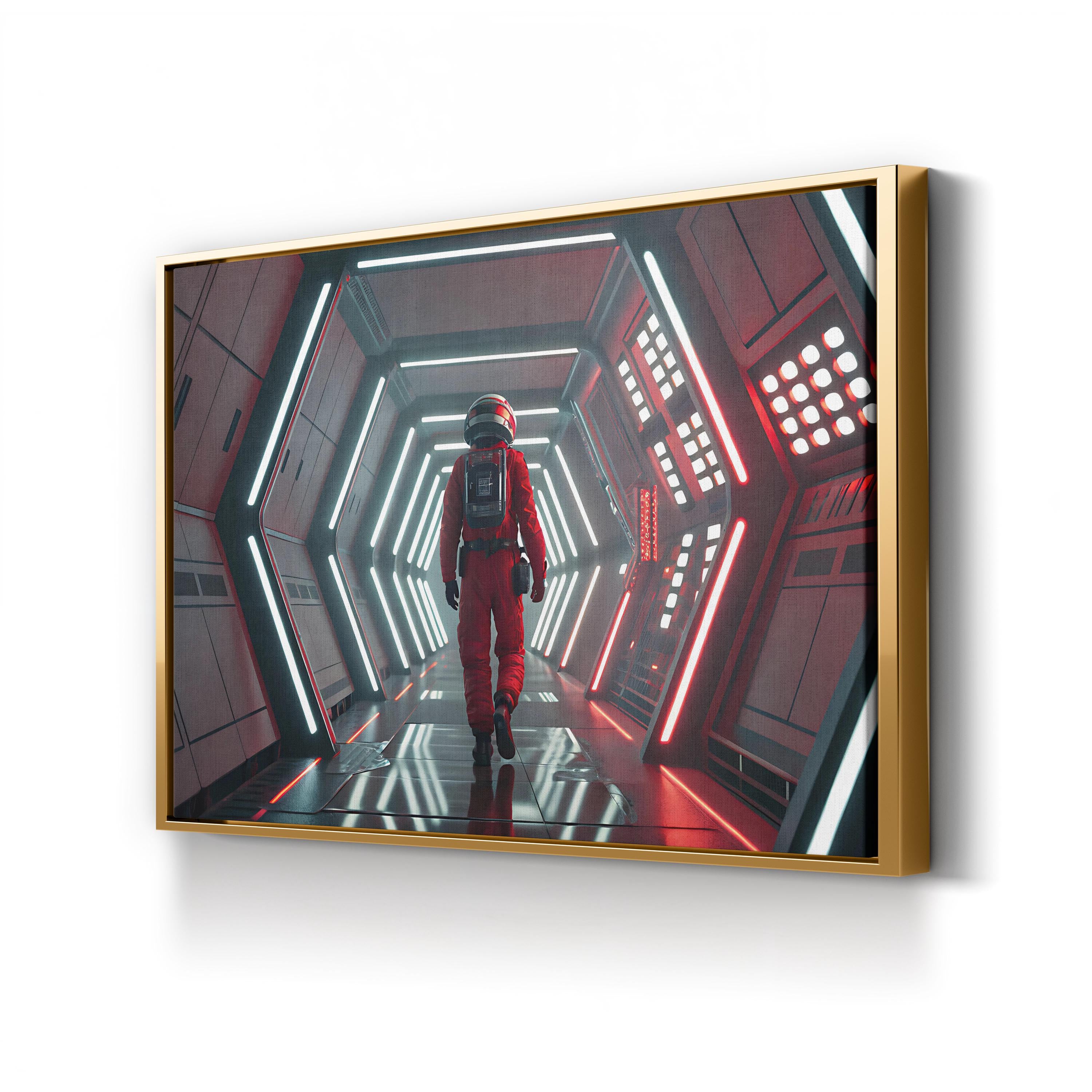 Sci-Fi Astronaut Corridor – Period Illustration Wall Art | Futuristic Space Canvas Print