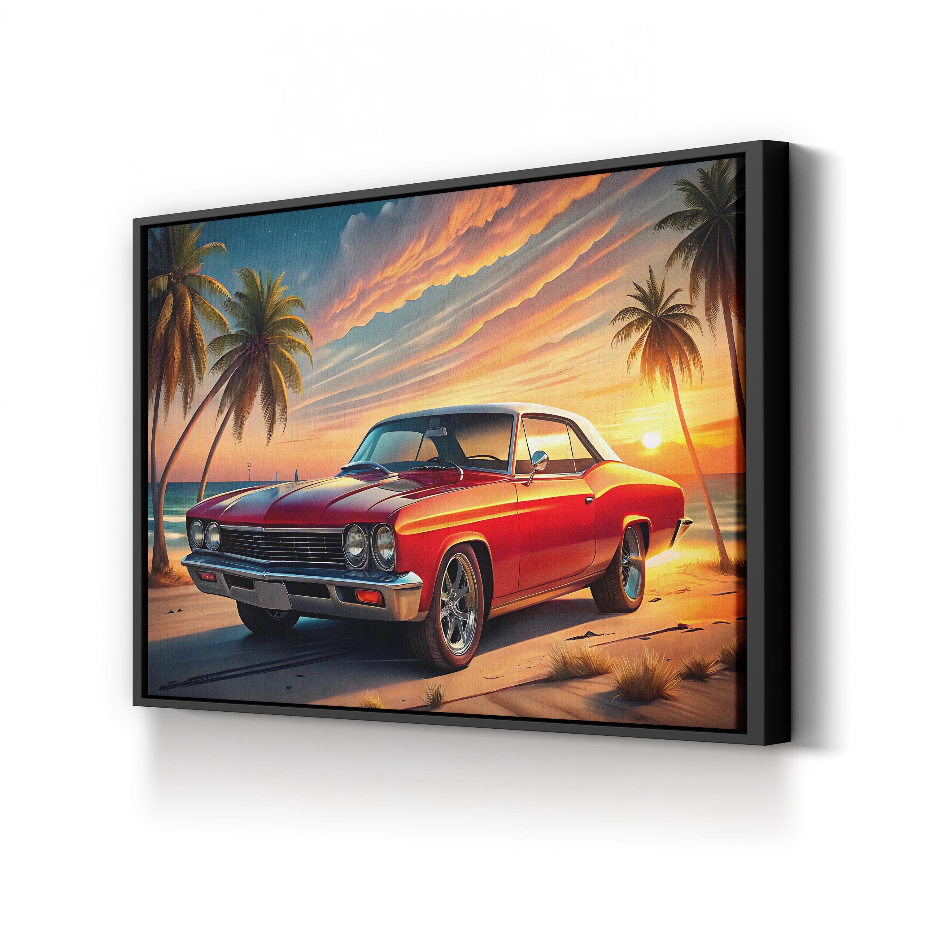 Retro Red Car Coastal – Period Illustration Wall Art | Vintage Automotive Canvas Print
