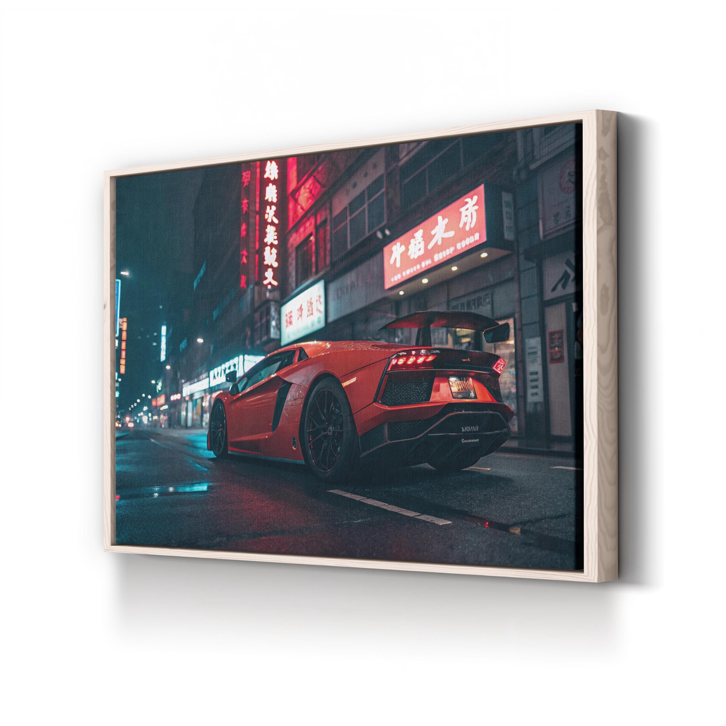 Neon Car Night Streetscape – Vintage Photography Wall Art | Urban Canvas Print