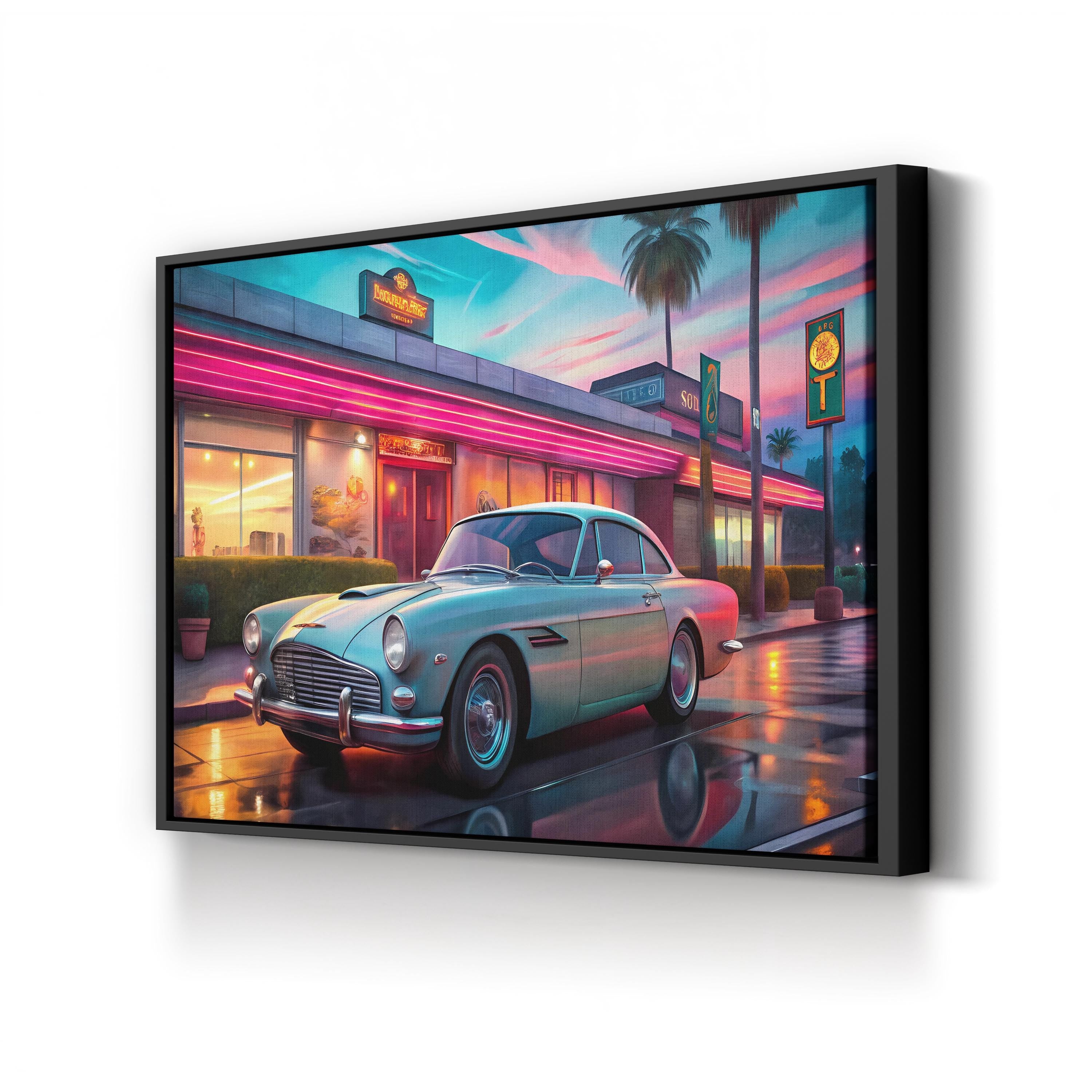 Aston Martin DB4 Neon Backdrop – Period Illustration Wall Art | British Sports Car Canvas Print