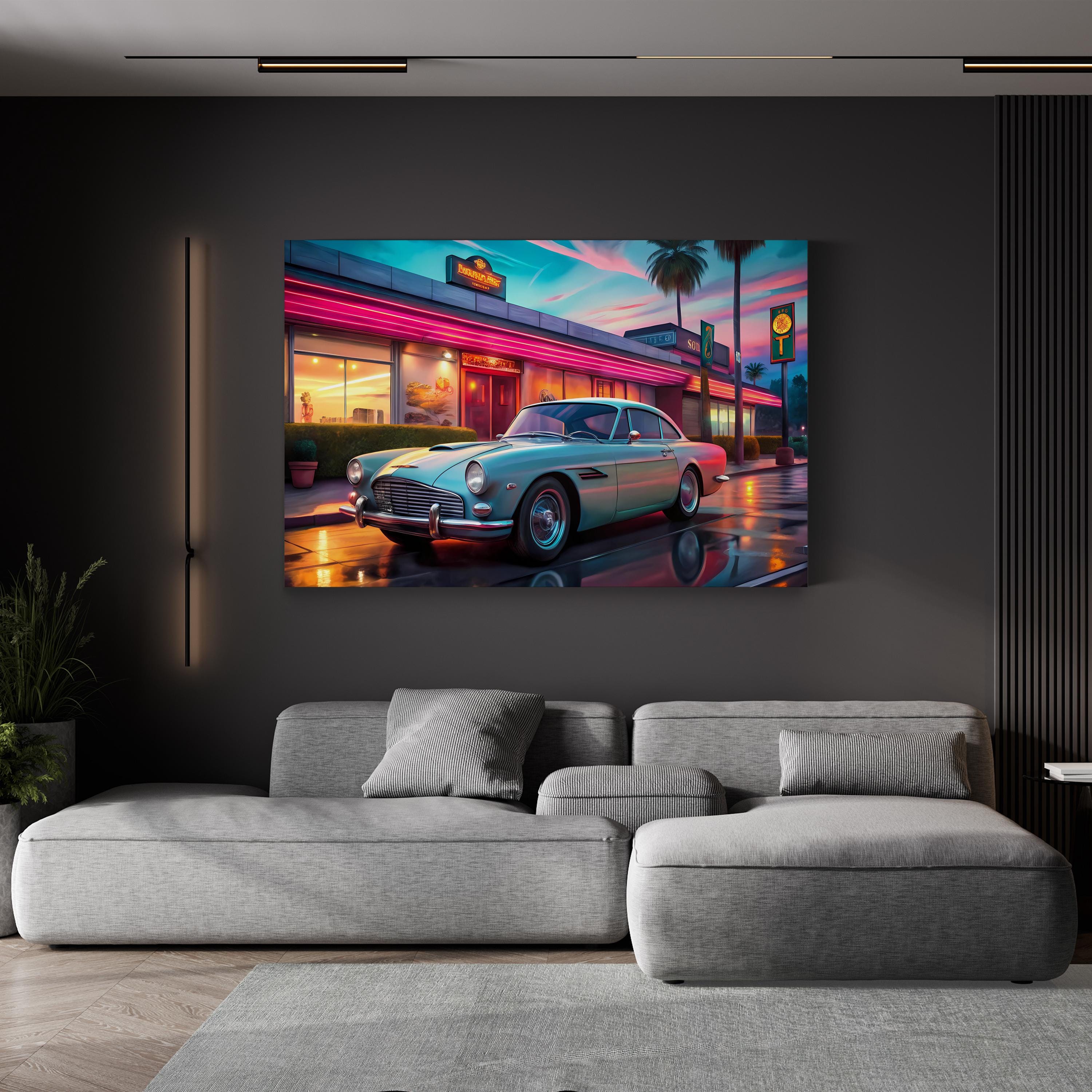 Aston Martin DB4 Neon Backdrop – Period Illustration Wall Art | British Sports Car Canvas Print