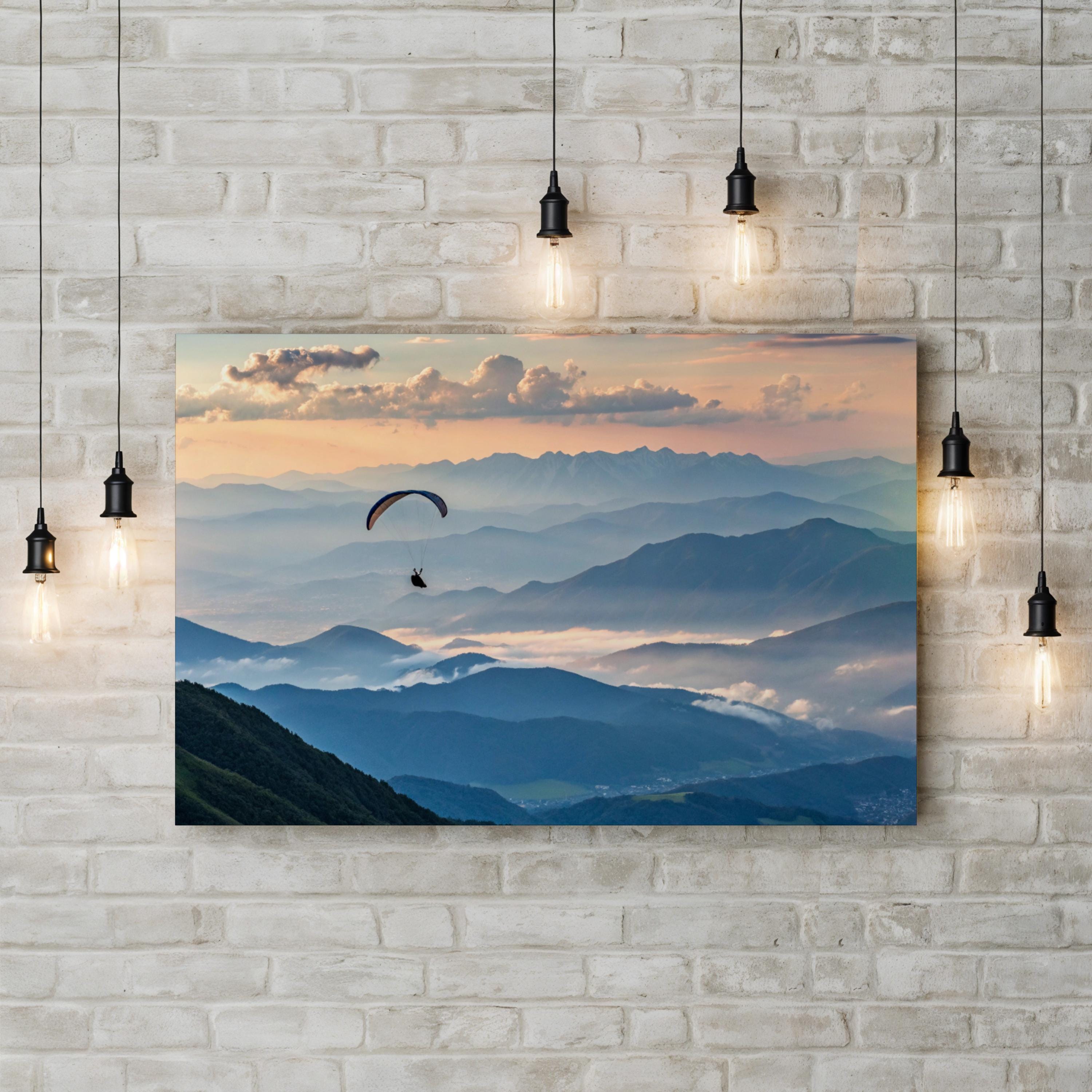 Paragliding Above Mountain Peaks Wall Art — Aerial Landscape Adventure Canvas Print