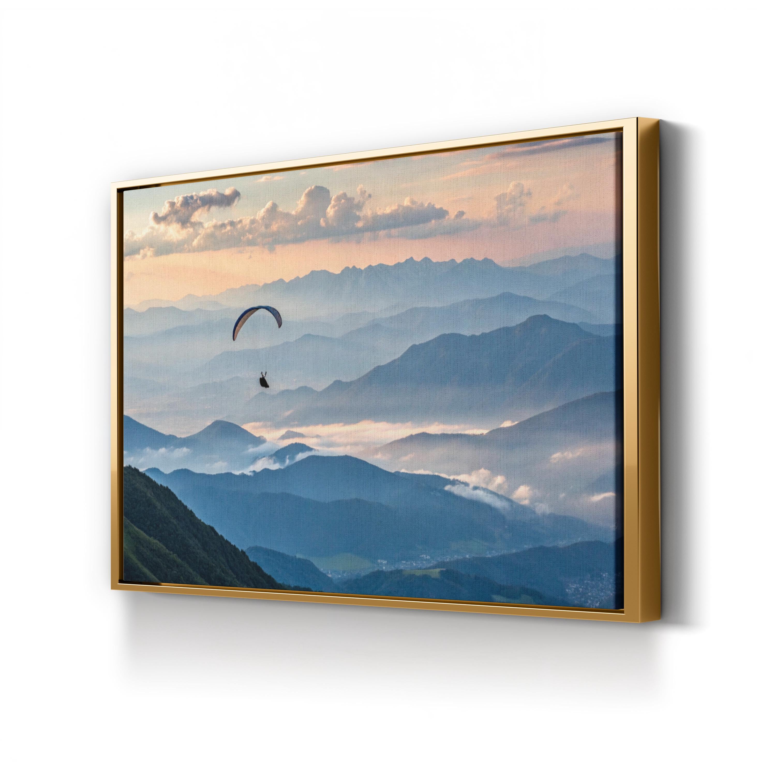 Paragliding Above Mountain Peaks Wall Art — Aerial Landscape Adventure Canvas Print