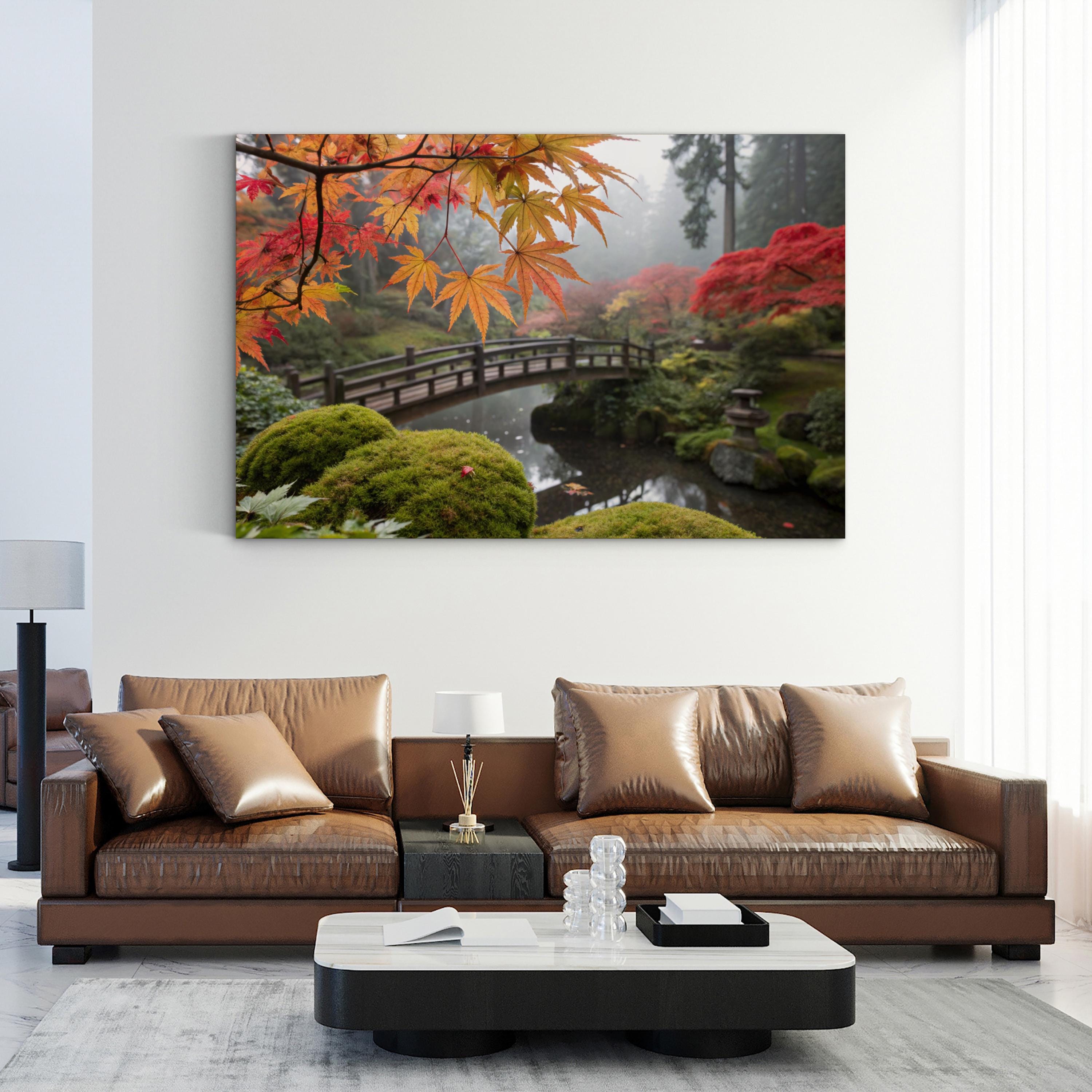 Japanese Zen Garden Bridge – Period Illustration Wall Art | Serene Landscape Canvas Print