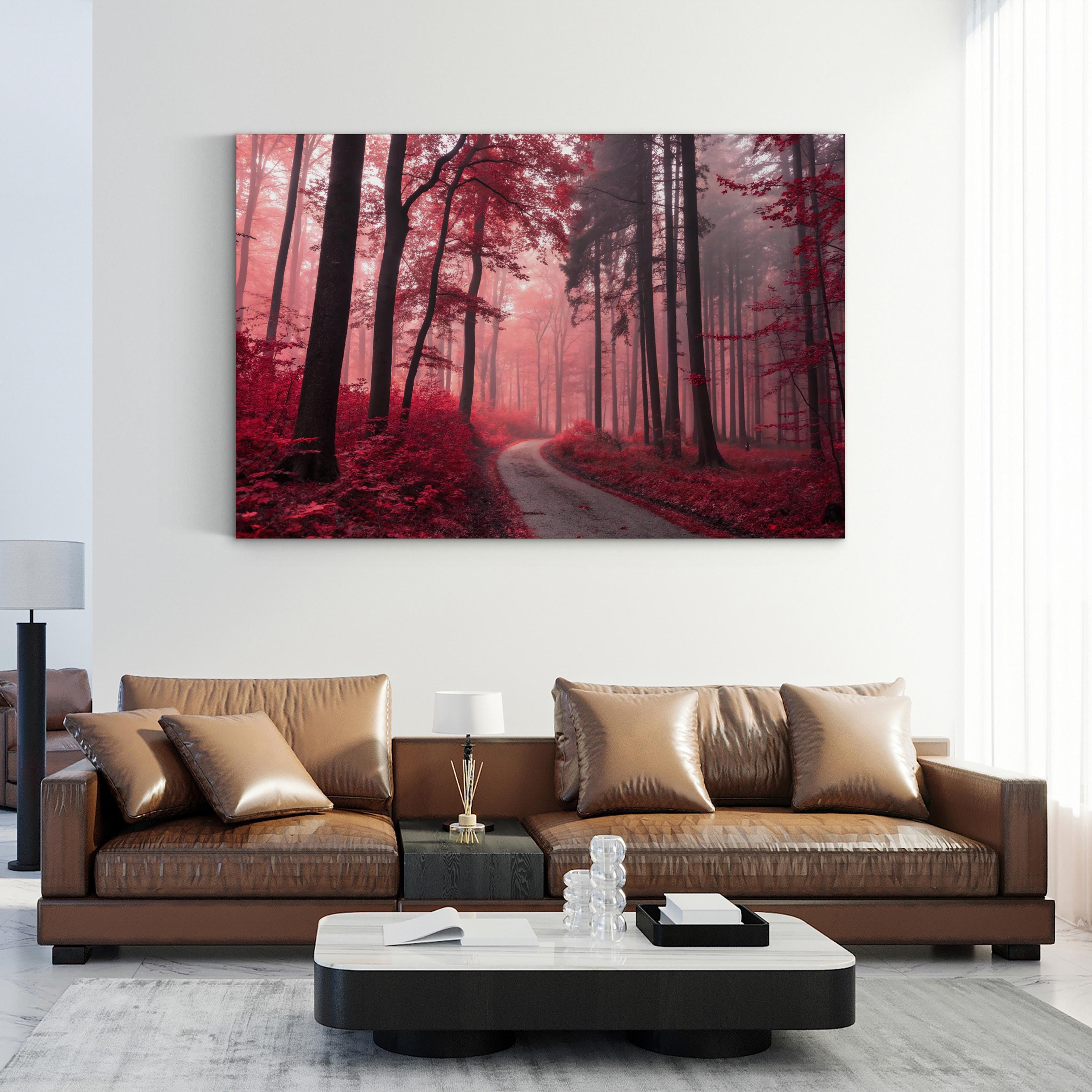 Red Forest Autumn Path – Vintage Photography Wall Art | Vibrant Landscape Canvas Print