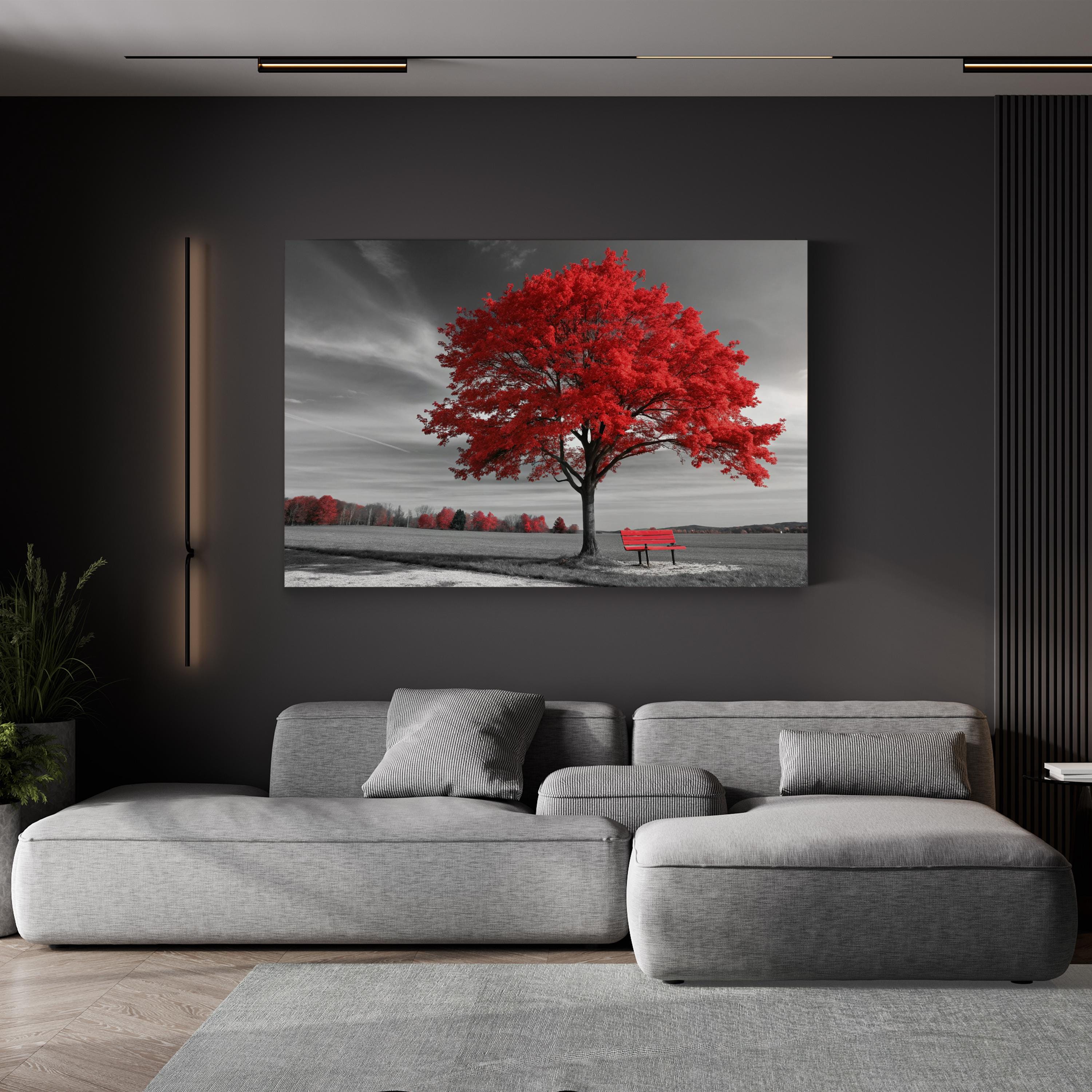 Red Autumn Tree Panorama – Vintage Photography Wall Art | Fall Landscape Canvas Print