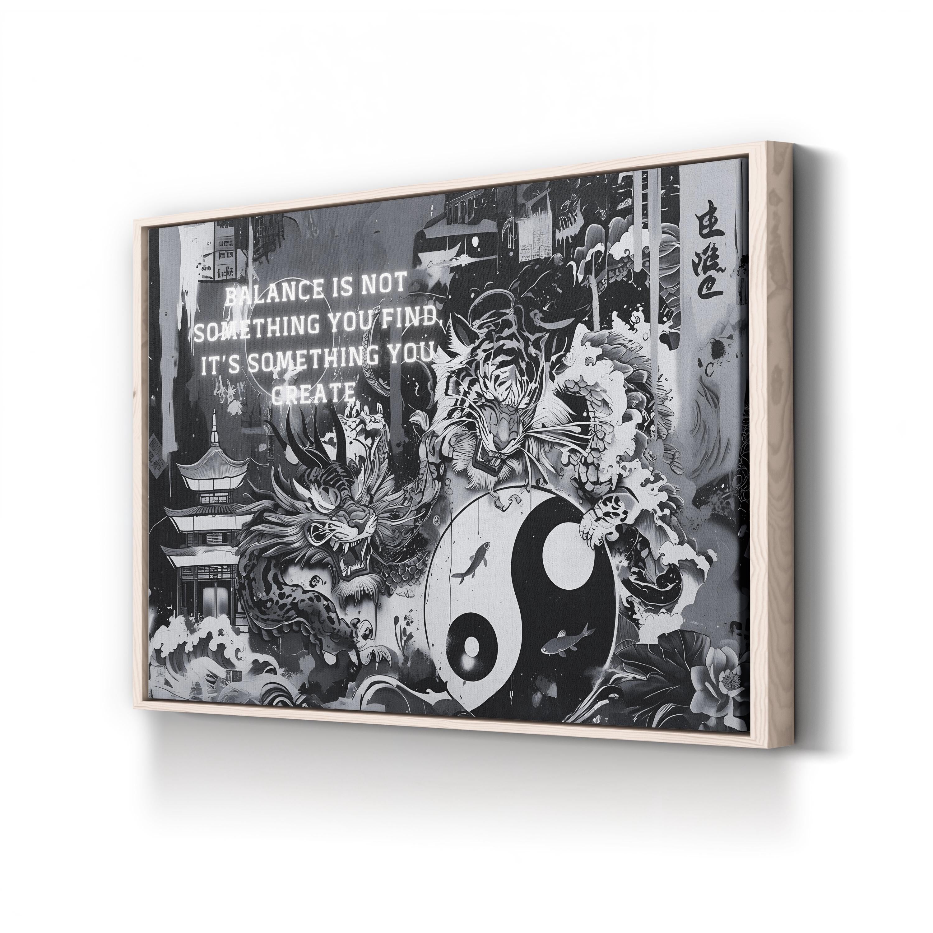 Yin Yang Tiger Zen – Period Illustration Wall Art | Spiritual Monochrome Canvas Print
