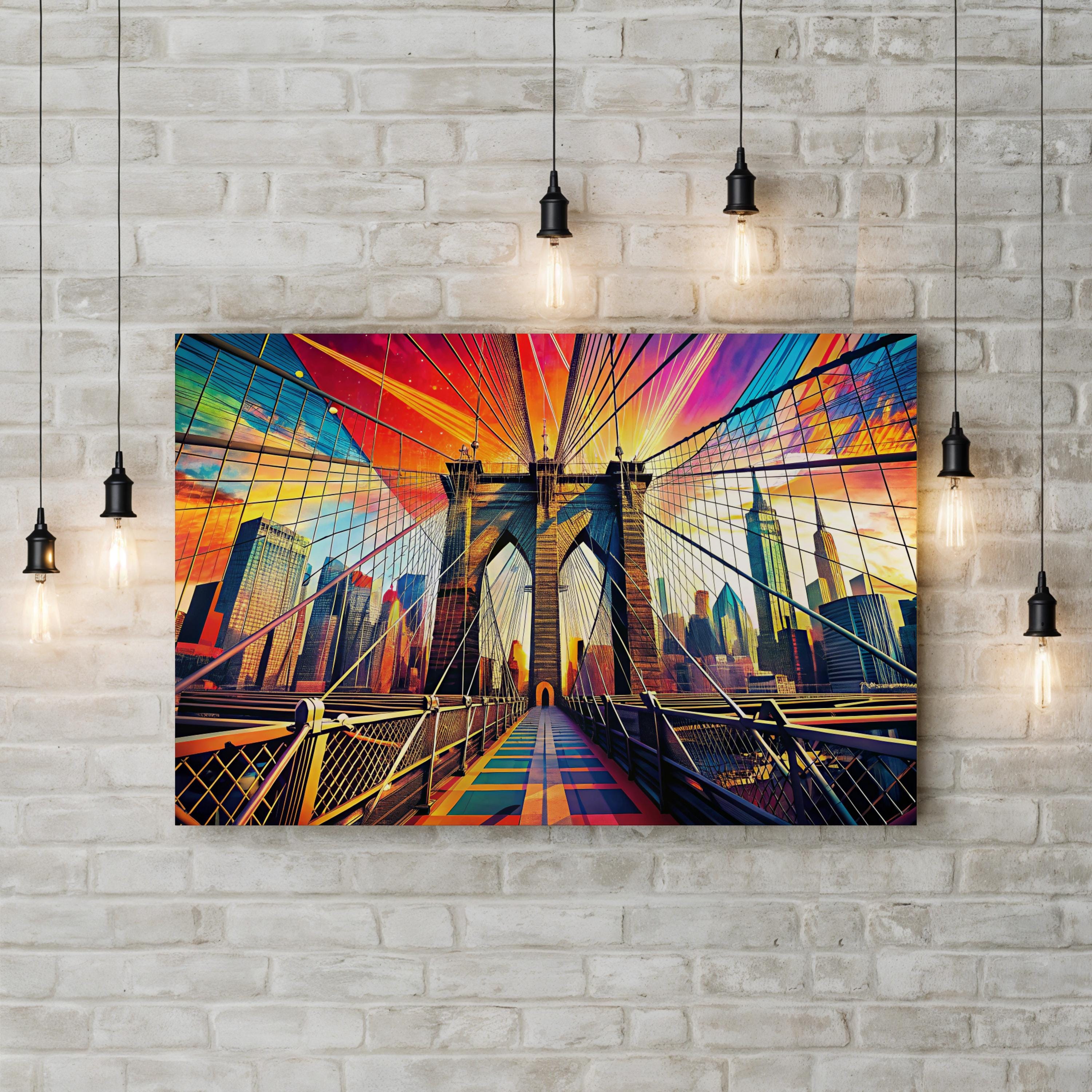 Brooklyn Bridge Bold Color – Period Illustration Wall Art | Contemporary NYC Canvas Print