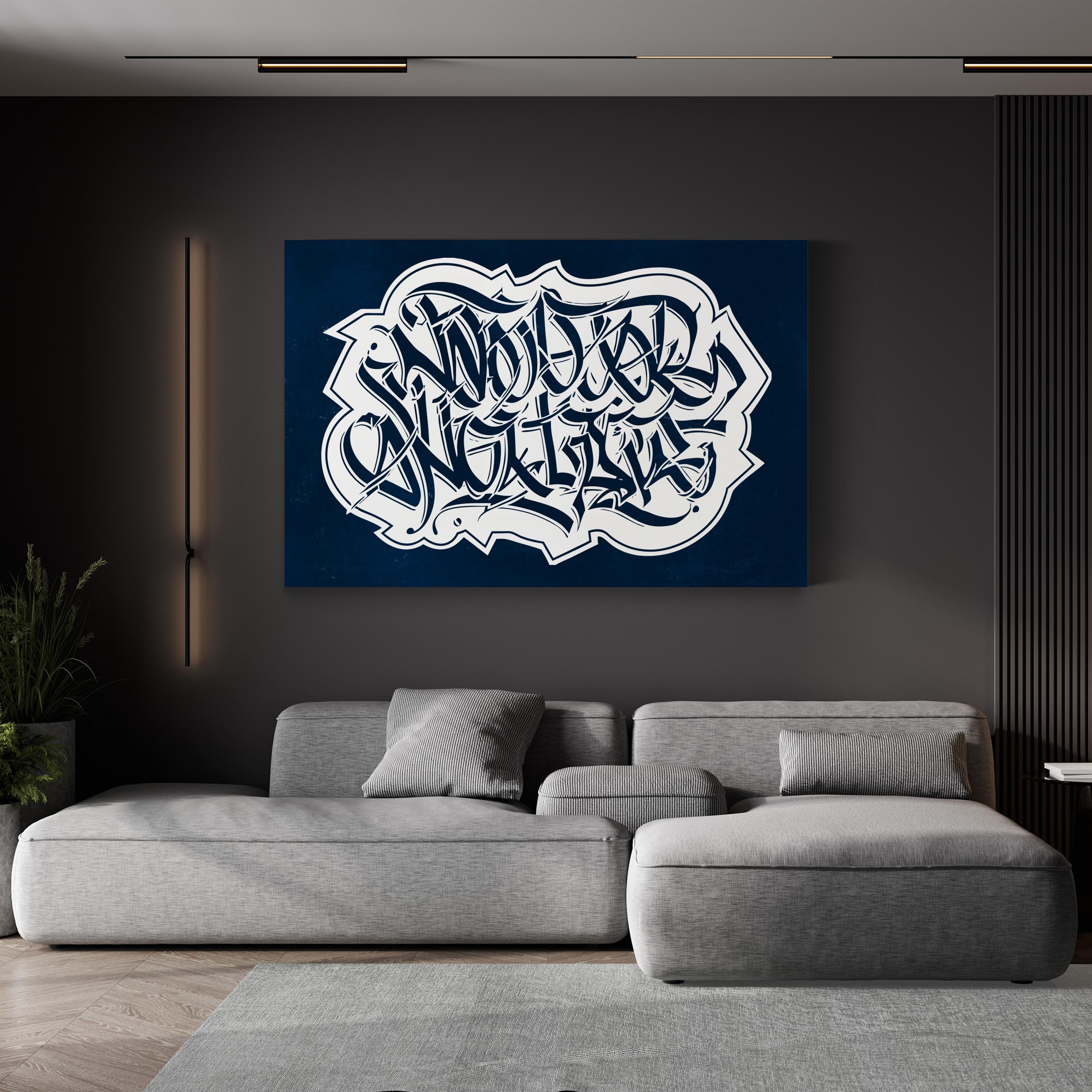 Blue Calligraphy Typography – Period Illustration Wall Art | Modern Script Canvas Print