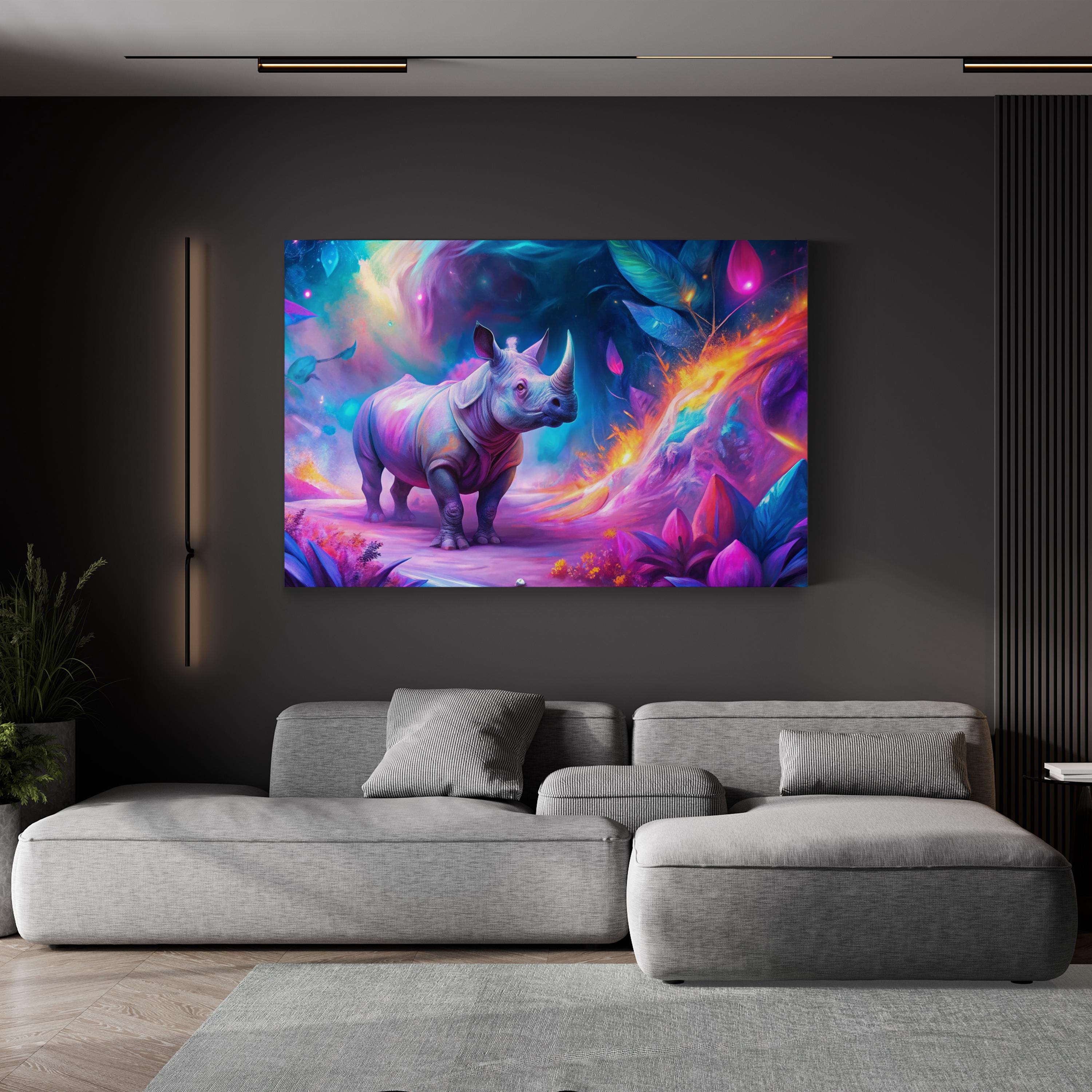 Vibrant Neon Rhino – Period Illustration Wall Art | Contemporary Wildlife Canvas Print