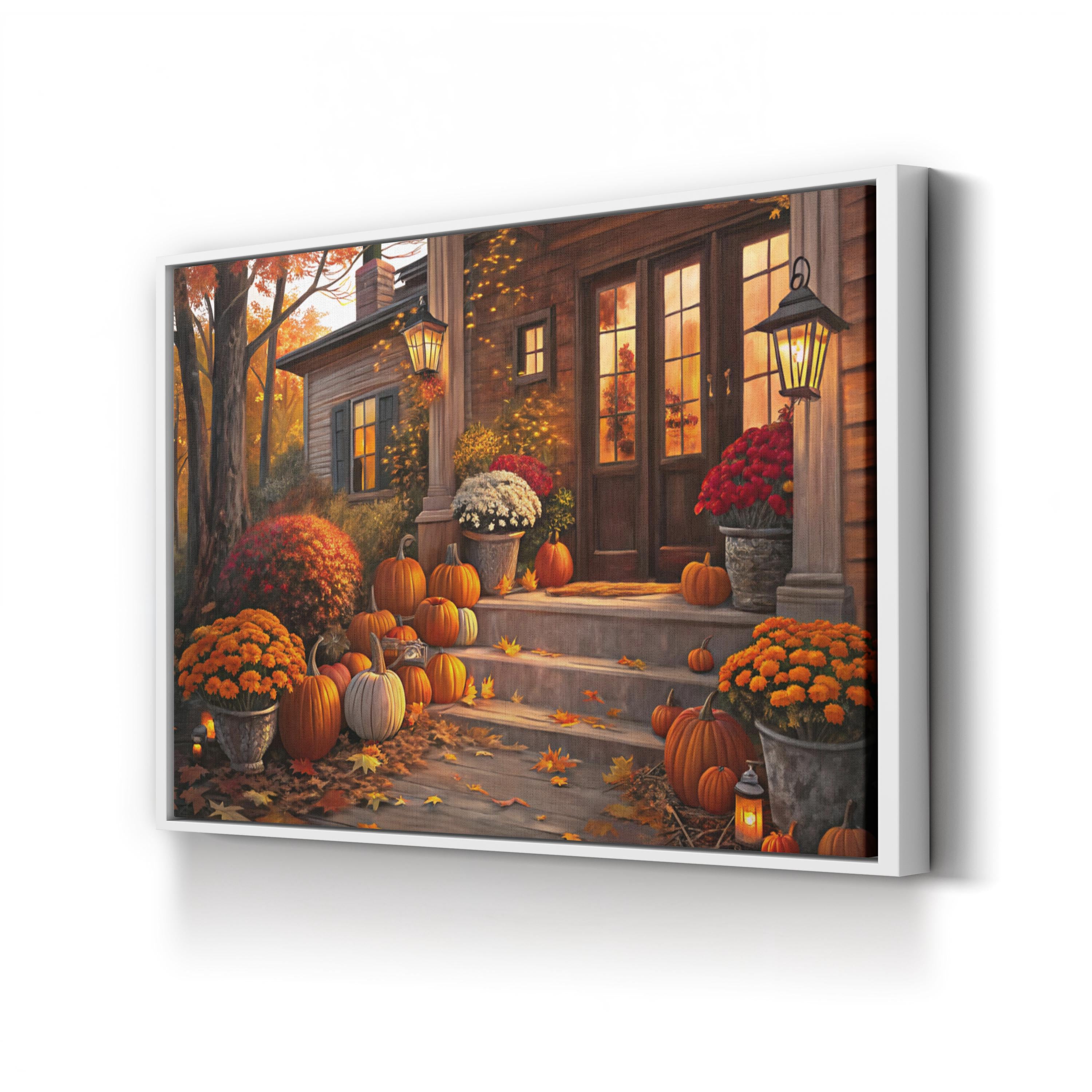 Autumn Porch with Pumpkins – Period Illustration Wall Art | Fall Harvest Canvas Print