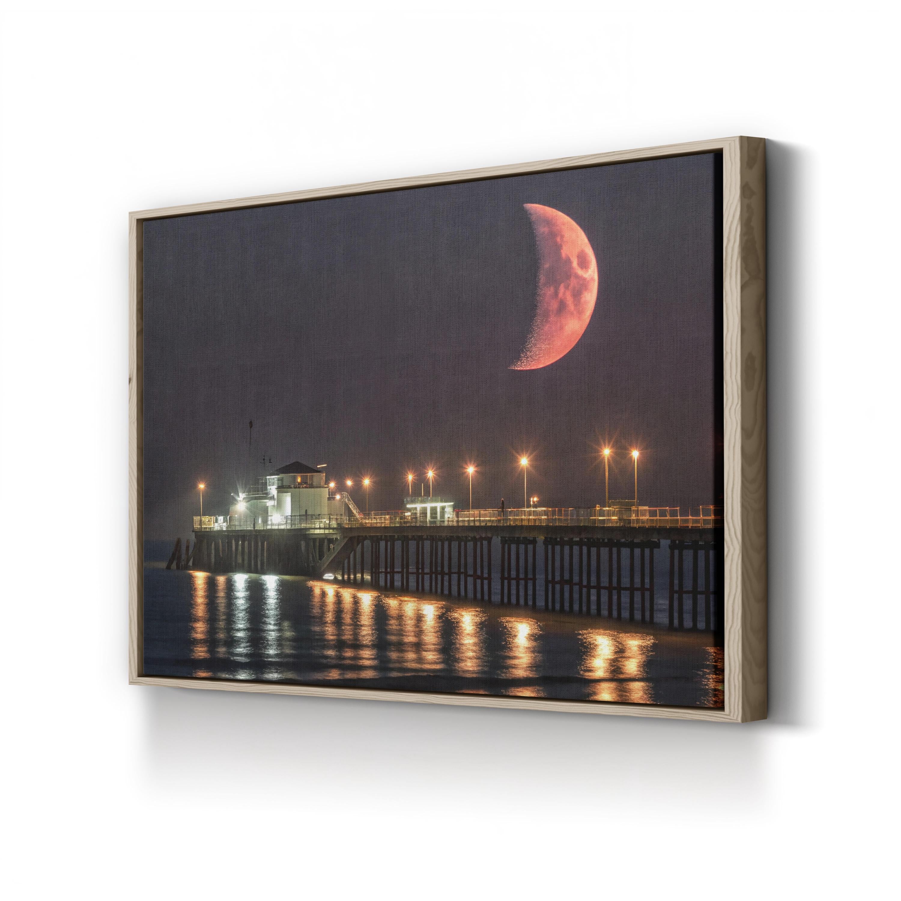 Crescent Moon Over Pier – Vintage Photography Wall Art | Night Sky Coastal Canvas Print