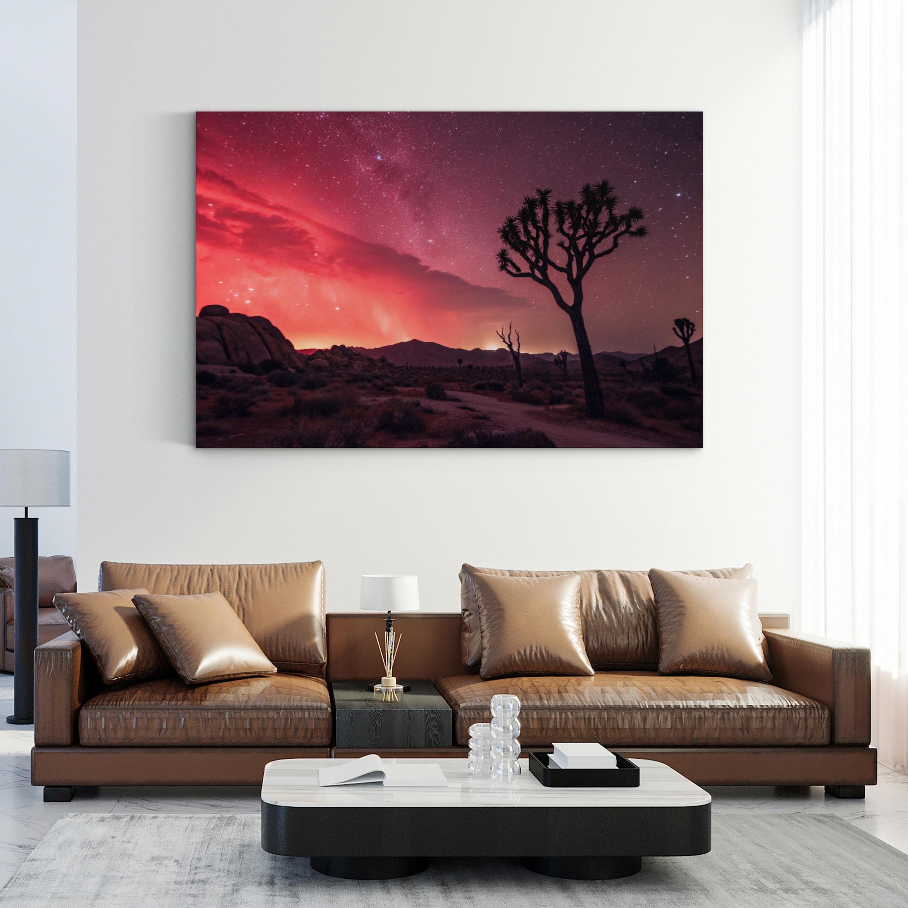 Joshua Tree Red Aurora – Vintage Photography Wall Art | Starry Desert Canvas Print