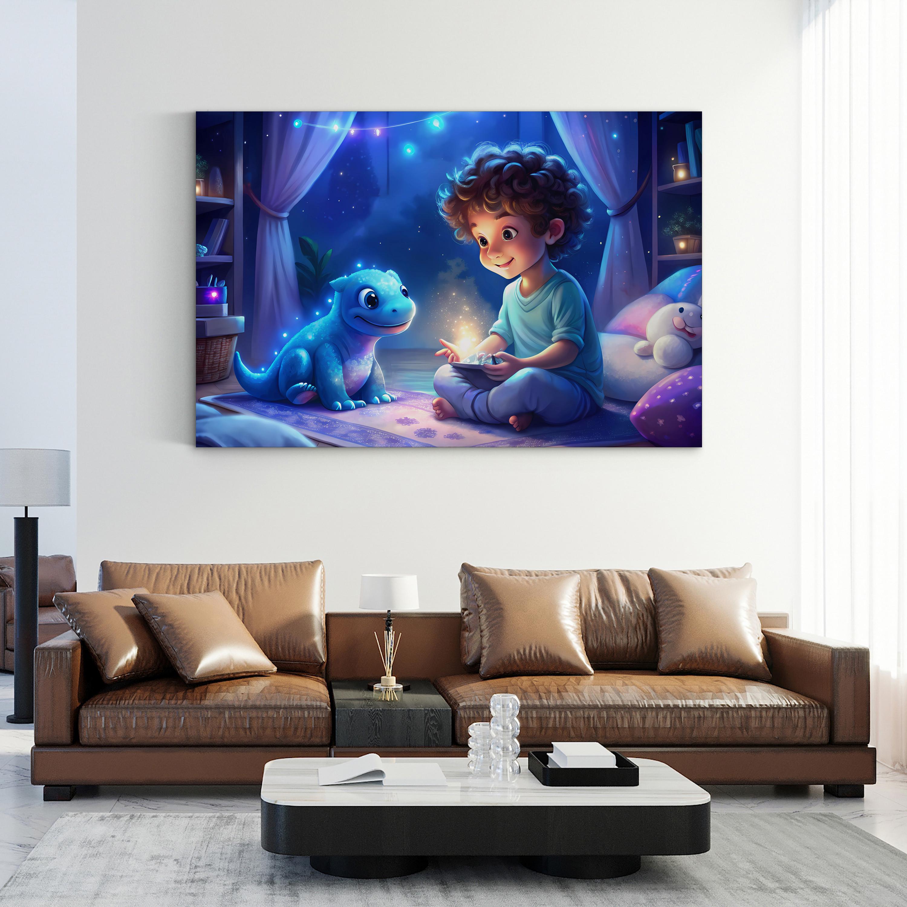 Dino Tales Dinosaur & Boy – Period Illustration Wall Art | Whimsical Nursery Canvas Print