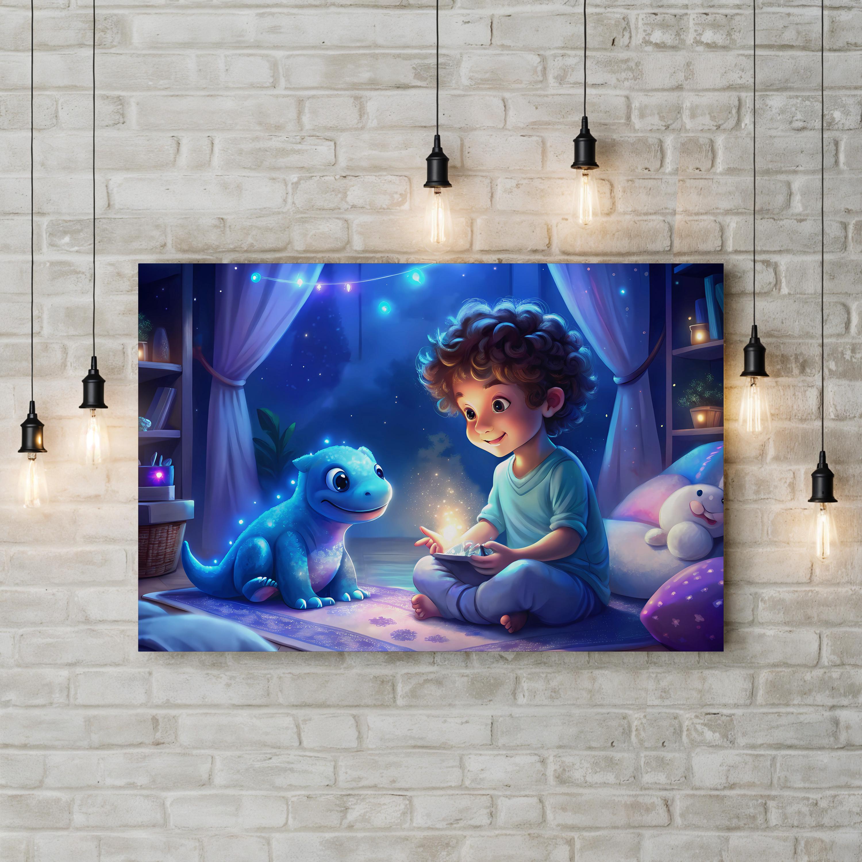 Dino Tales Dinosaur & Boy – Period Illustration Wall Art | Whimsical Nursery Canvas Print