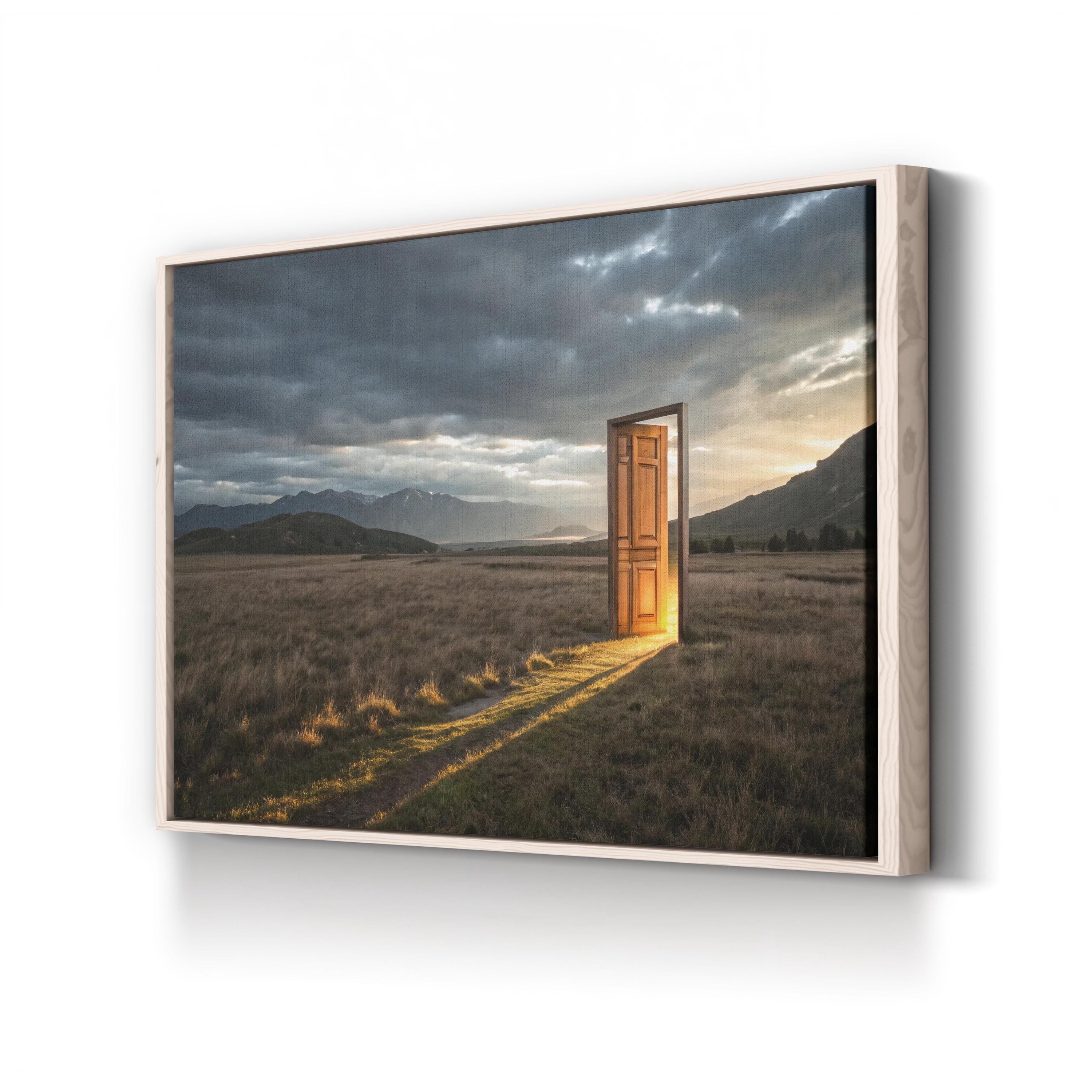 Surreal Mountain View Canvas Print – Doorway to Happiness, Modern Motivational Wall Art