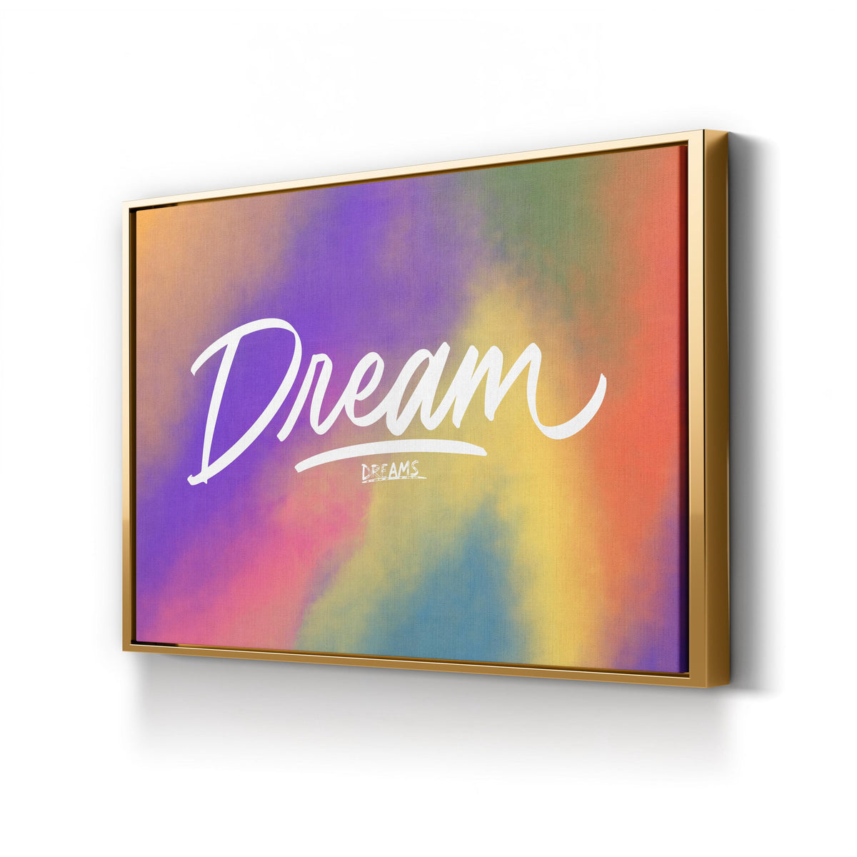 Dream Rainbow Calligraphy canvas print in gold frame