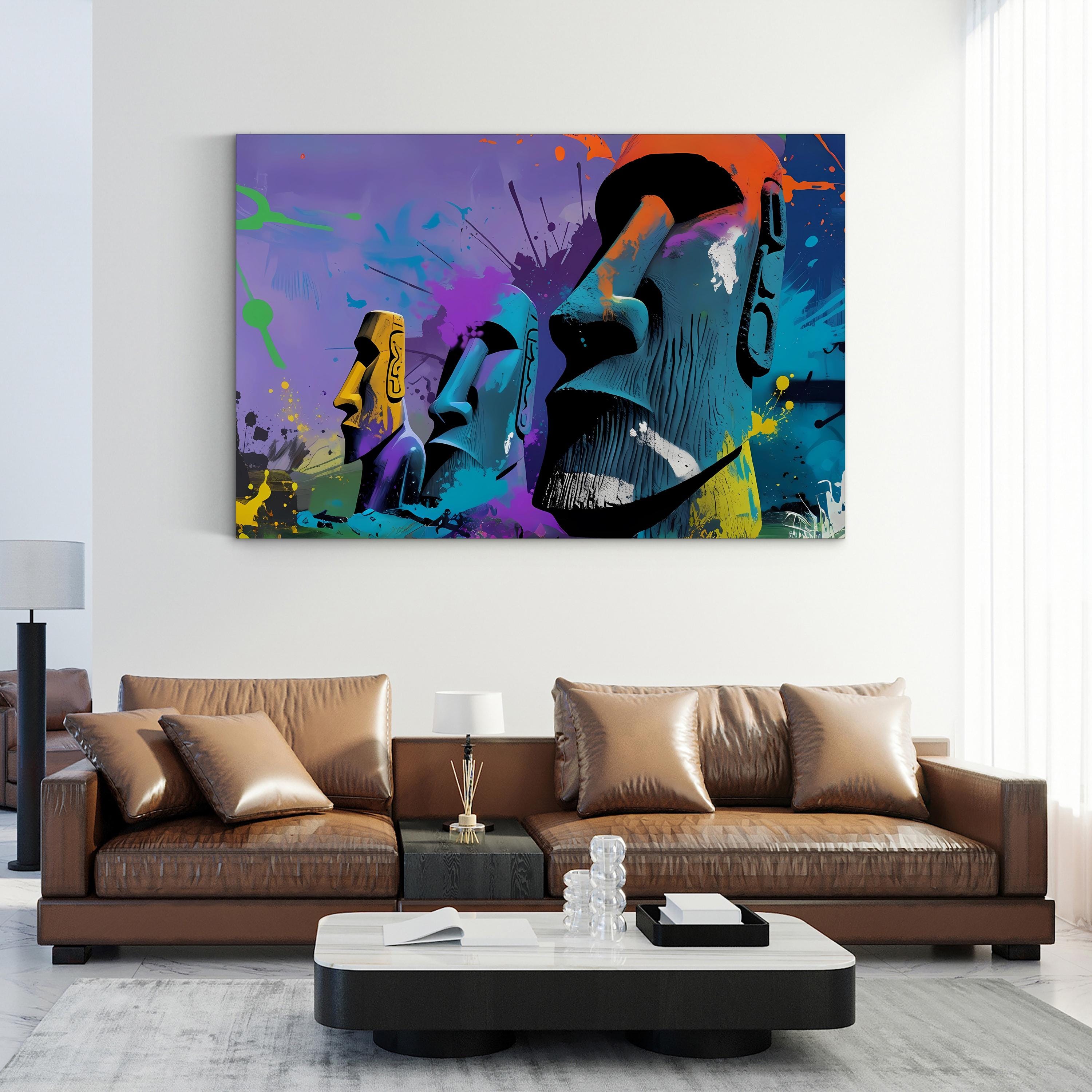 Moai Graffiti Bold Statues – Period Illustration Wall Art | Easter Island Canvas Print