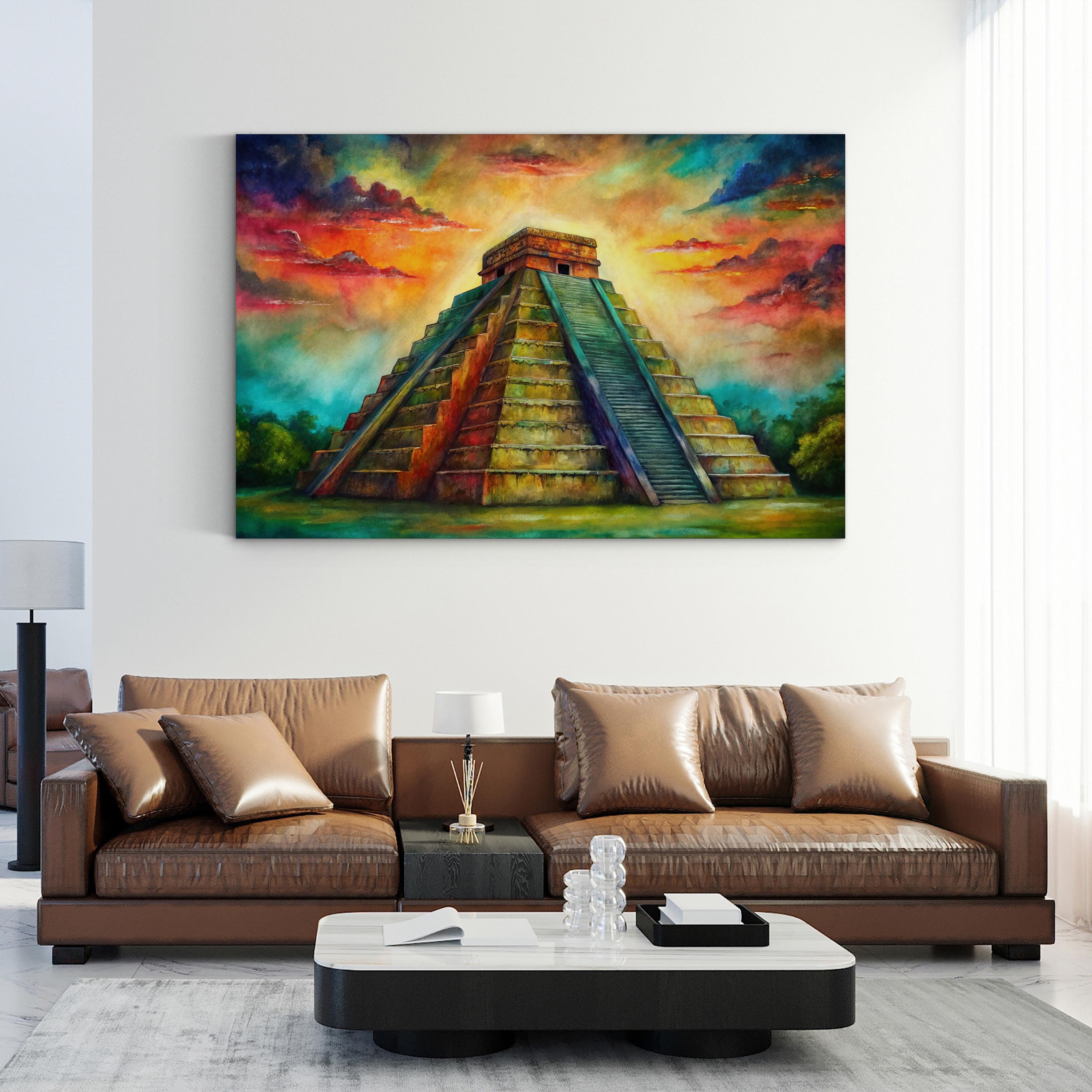 Chichen Itza El Castillo Pyramid – Period Illustration Wall Art | Mayan Architecture Canvas Print
