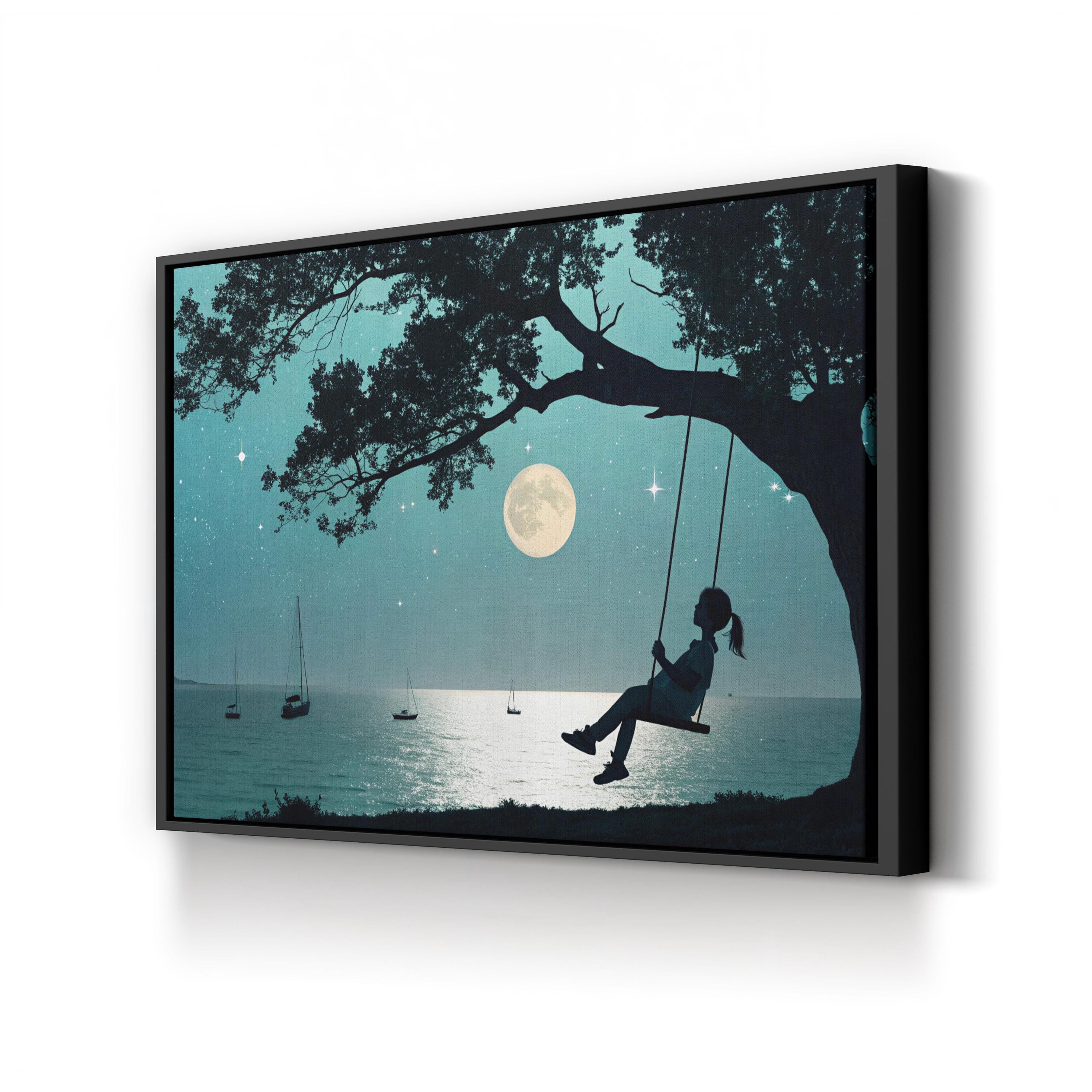 Moonlit Night Wall Art | Peaceful Tree Swing Under Full Moon Canvas Print