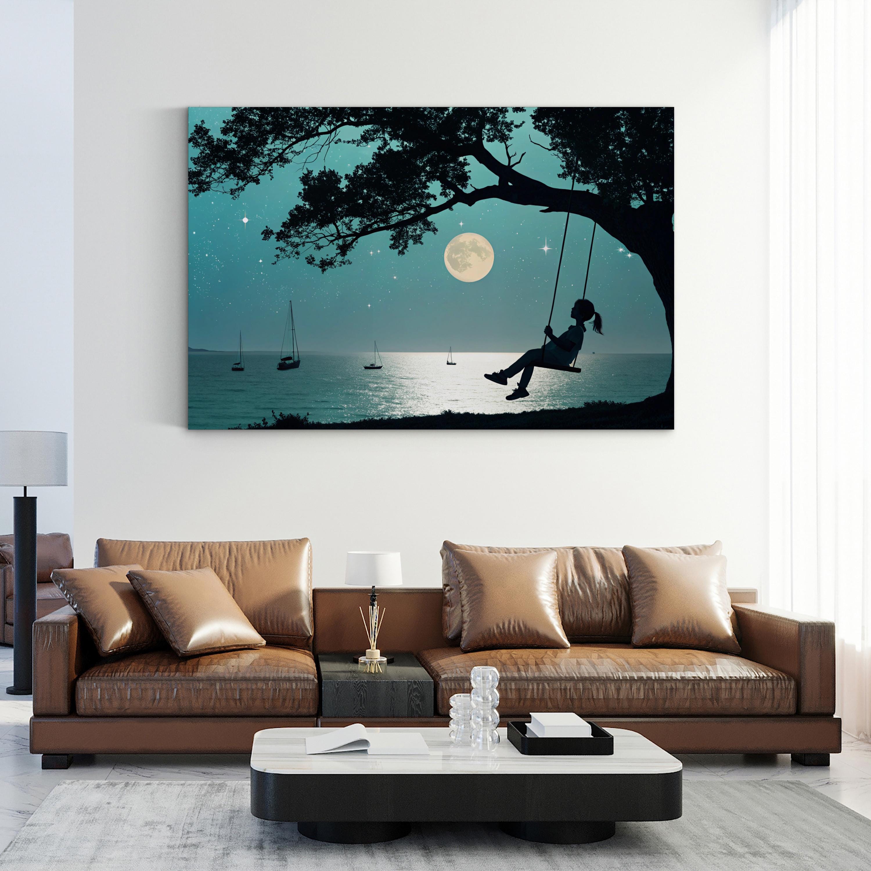Moonlit Night Wall Art | Peaceful Tree Swing Under Full Moon Canvas Print