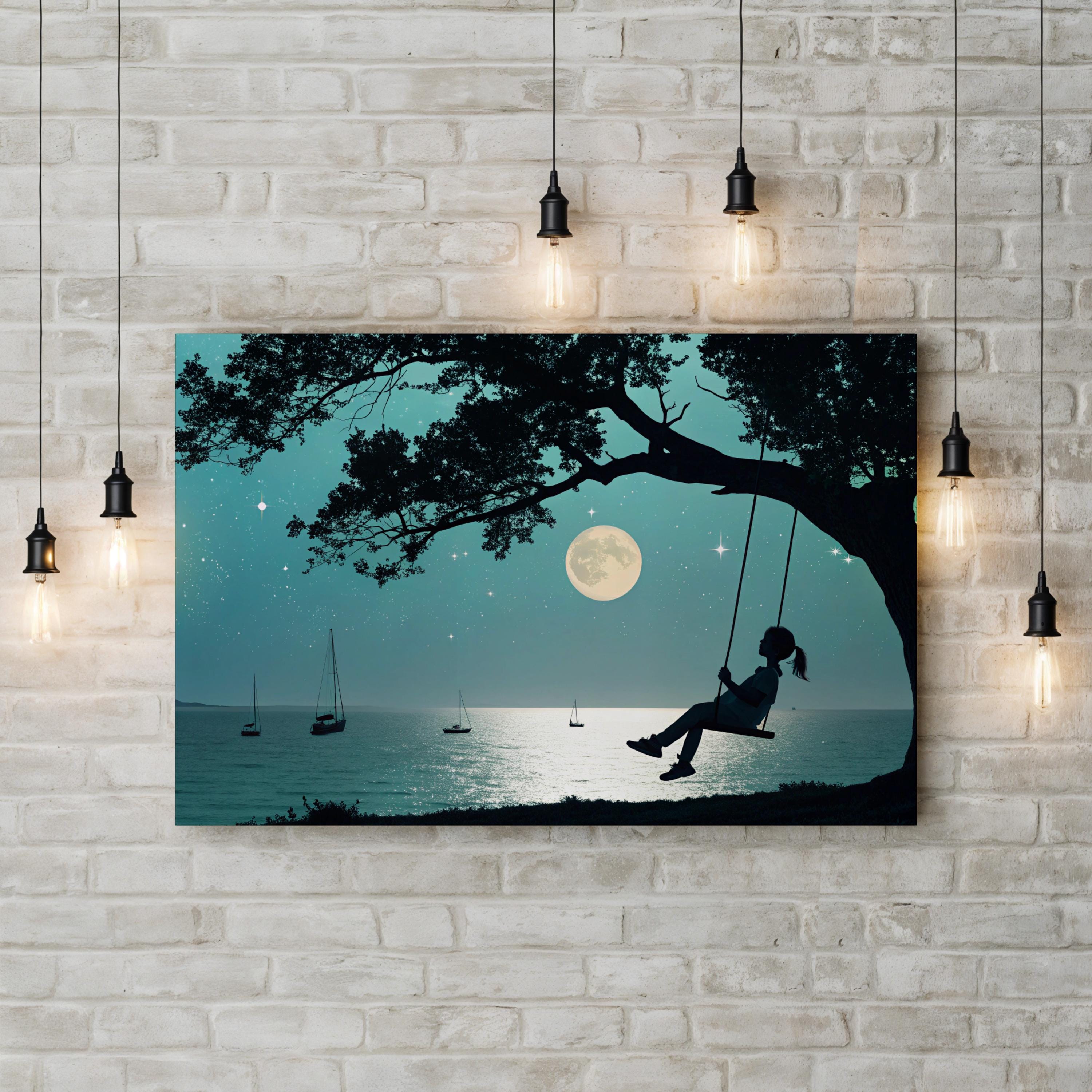 Moonlit Night Wall Art | Peaceful Tree Swing Under Full Moon Canvas Print
