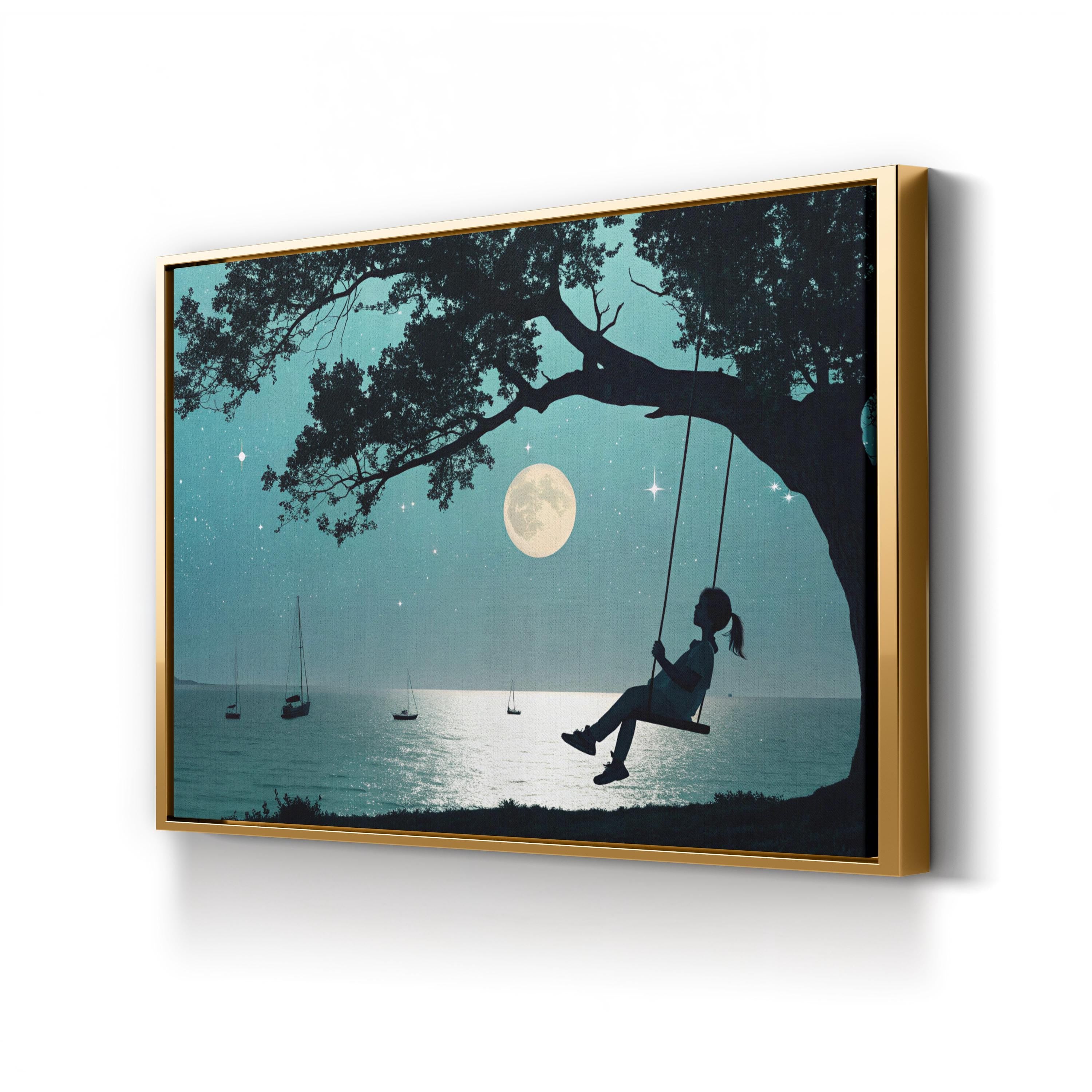 Moonlit Night Wall Art | Peaceful Tree Swing Under Full Moon Canvas Print