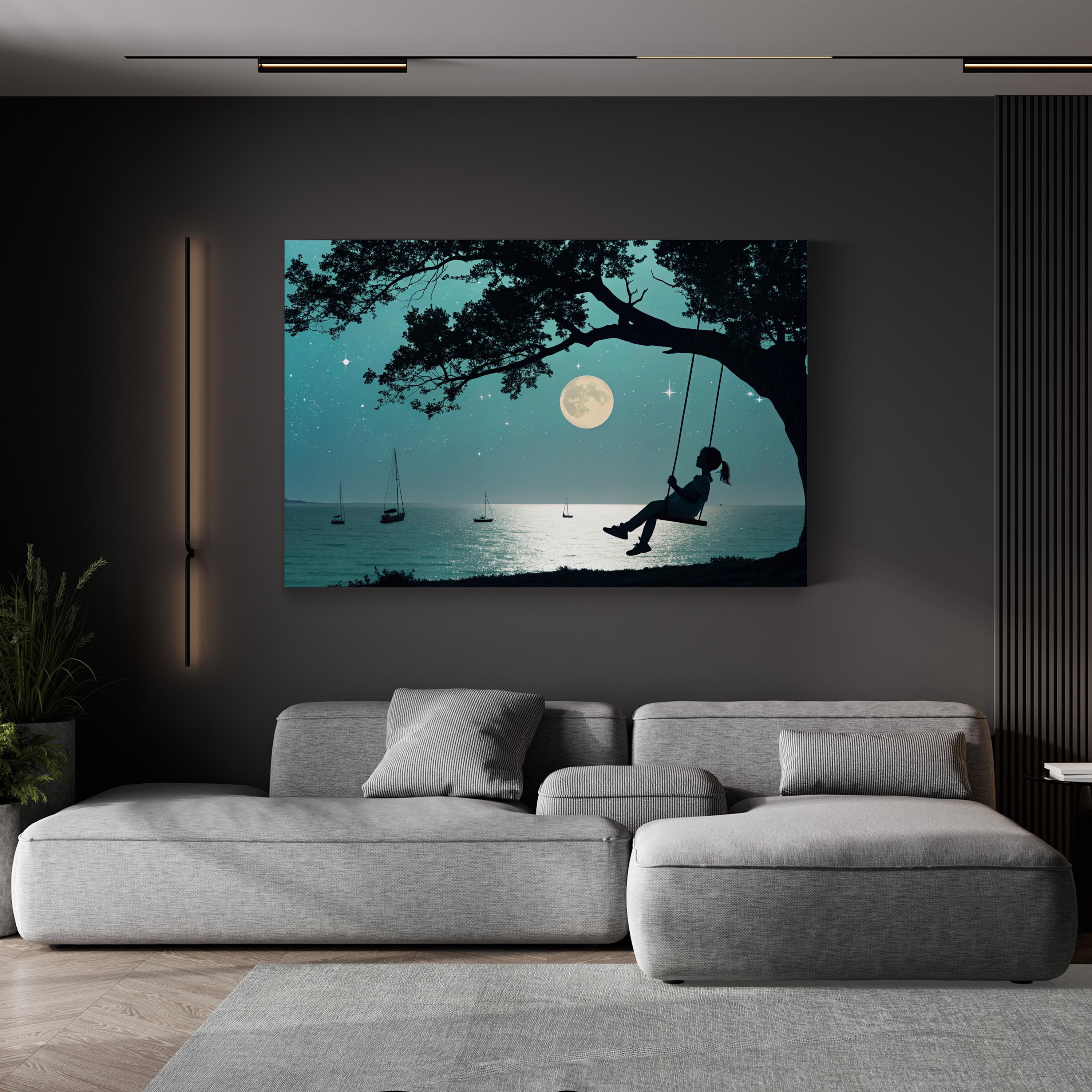 Moonlit Night Wall Art | Peaceful Tree Swing Under Full Moon Canvas Print