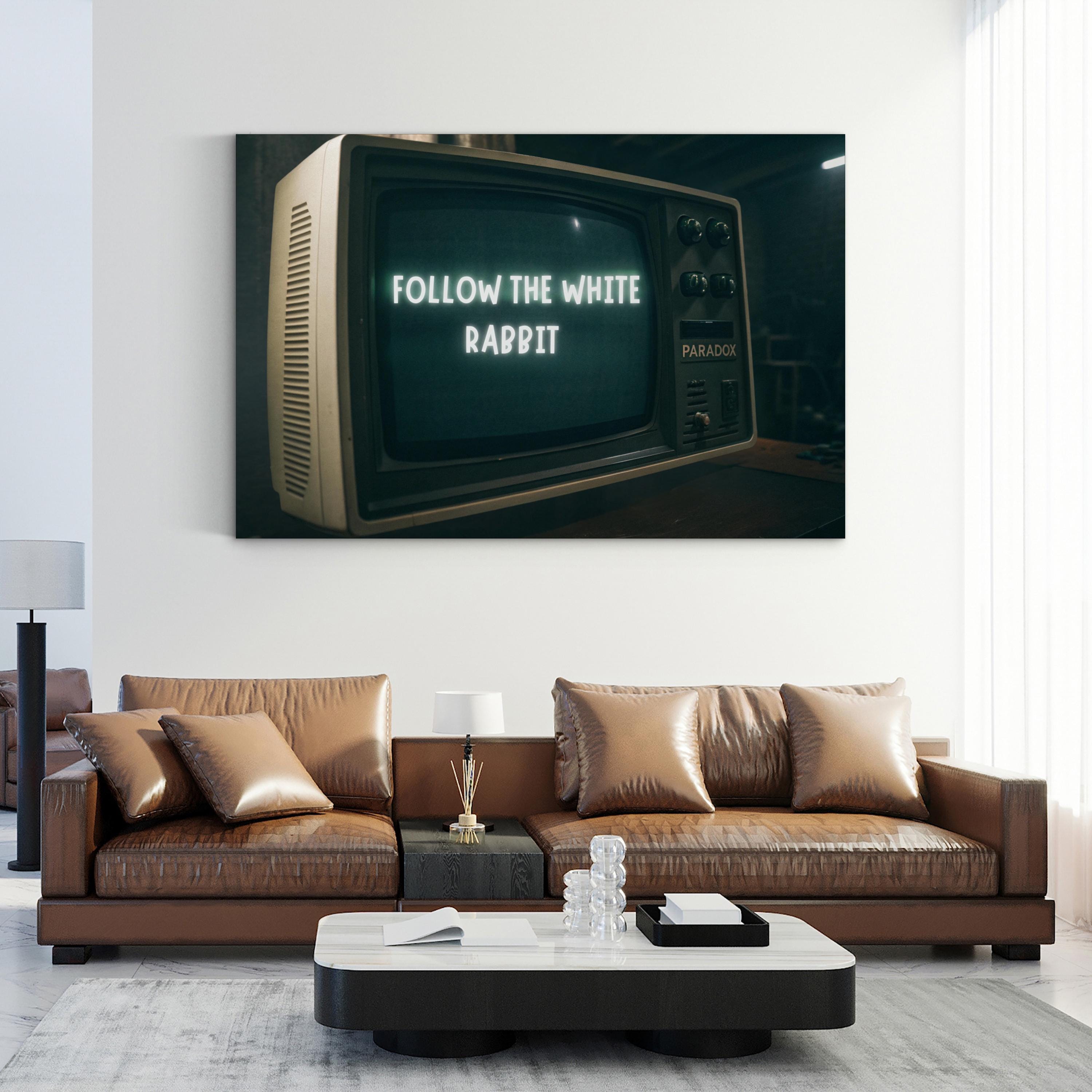 Follow the White Rabbit Wall Art | Surreal Graffiti Street Art Canvas Print