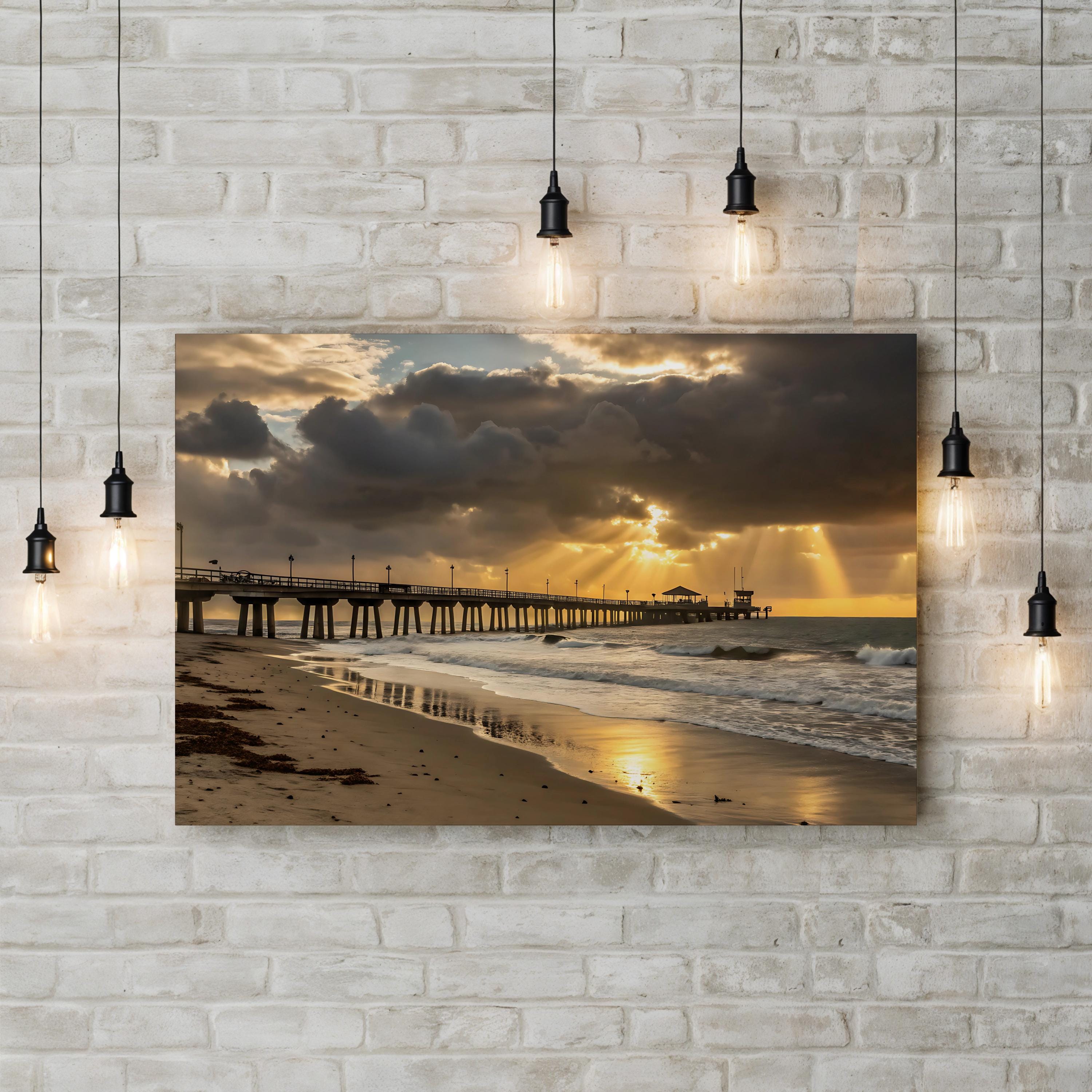 Sunset Beach Pier Sunrays – Vintage Photography Wall Art | Coastal Canvas Print