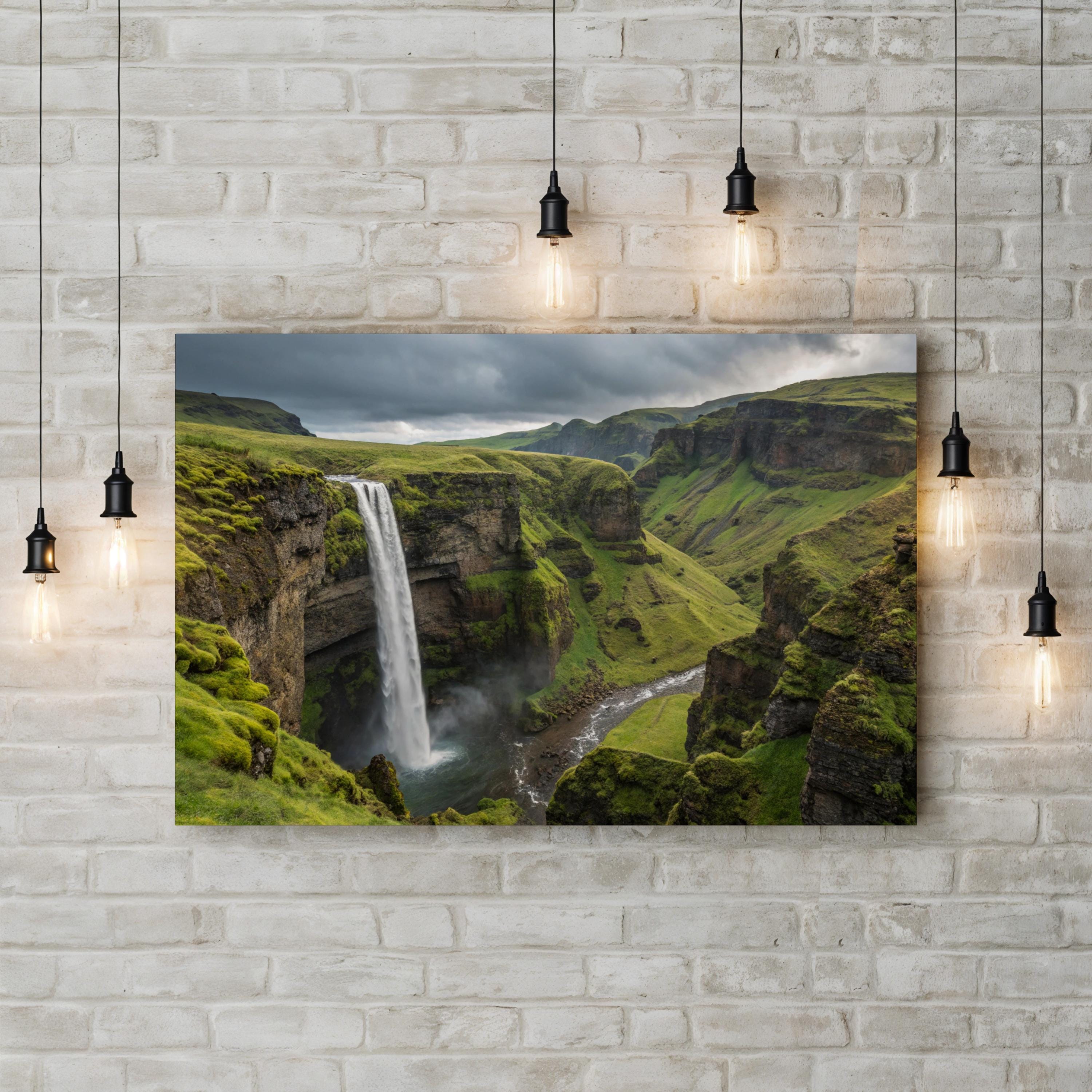 Glymur Waterfall Iceland – Vintage Photography Wall Art | Green Canyon Canvas Print