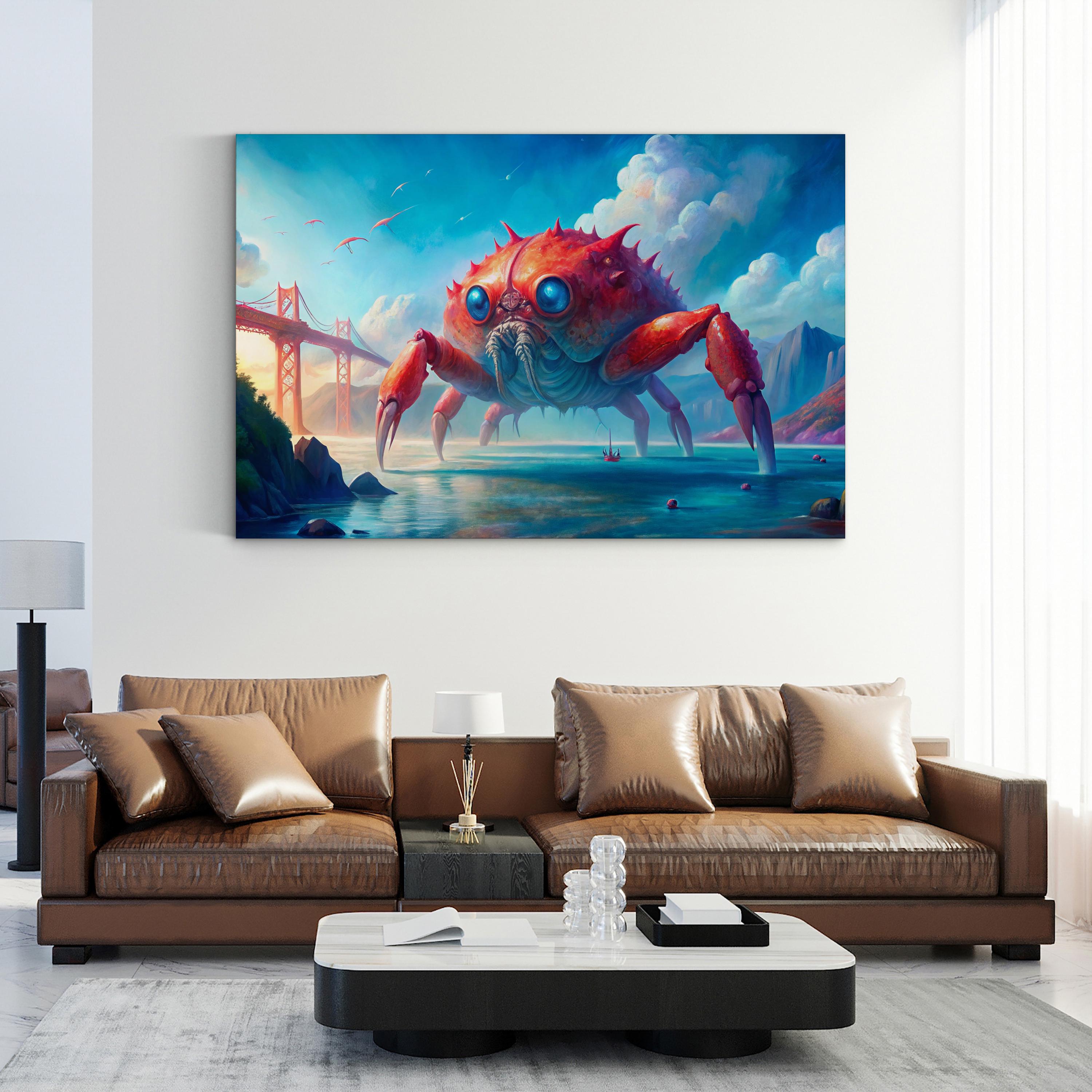 Surreal Golden Gate Giant Crab – Period Illustration Wall Art | Fantasy Canvas Print