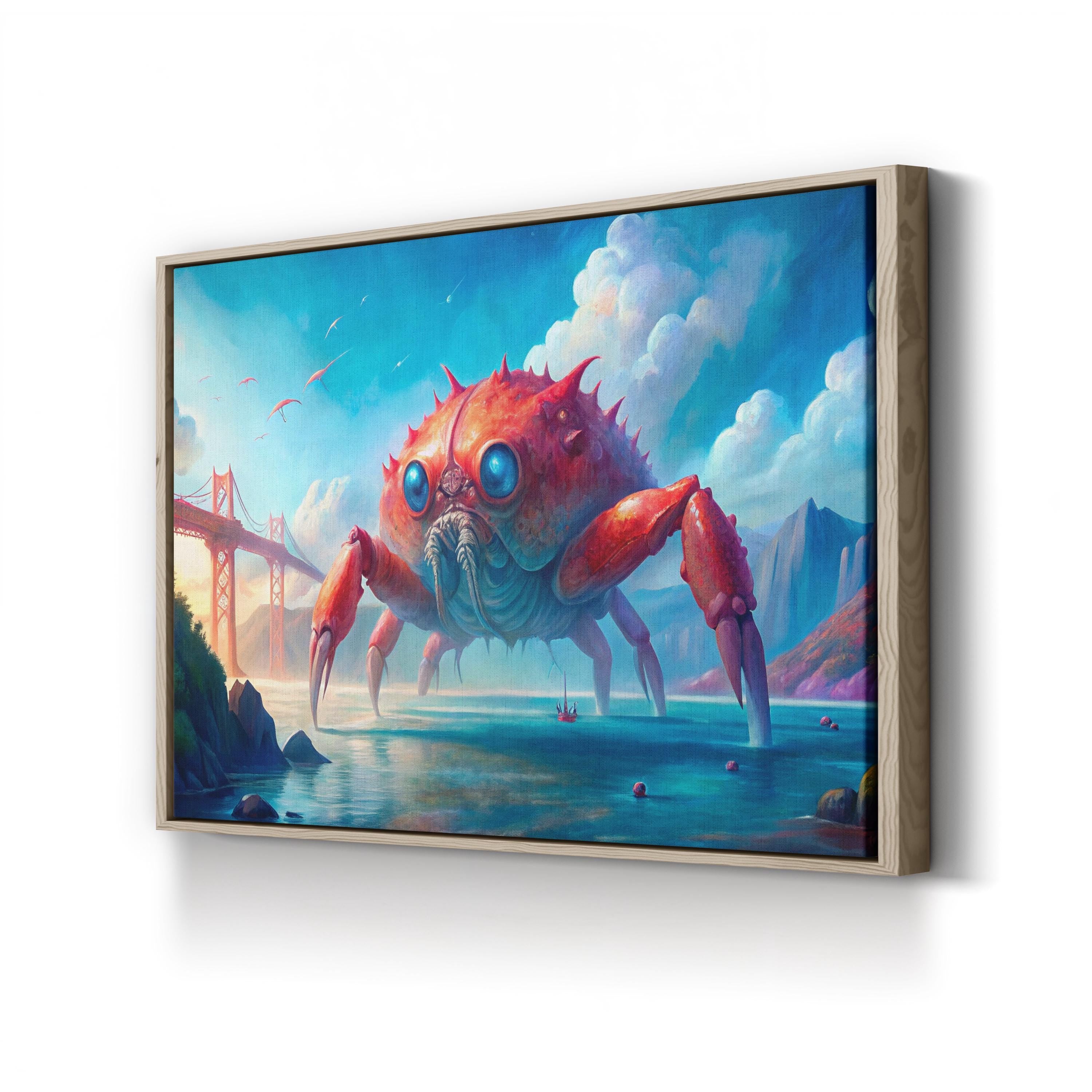Surreal Golden Gate Giant Crab – Period Illustration Wall Art | Fantasy Canvas Print