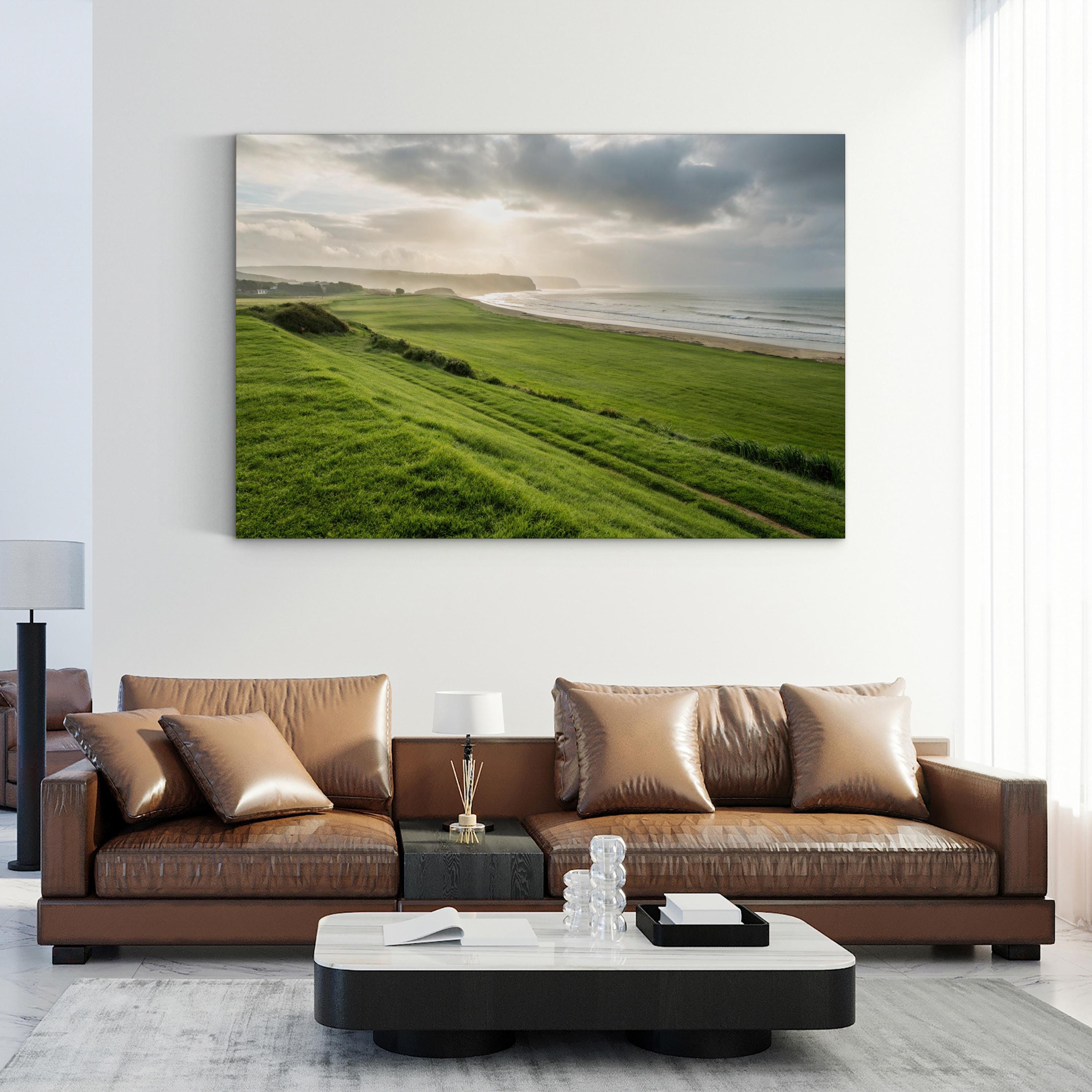 Green Grassy Beach – Vintage Photography Wall Art | Coastal Landscape Canvas Print
