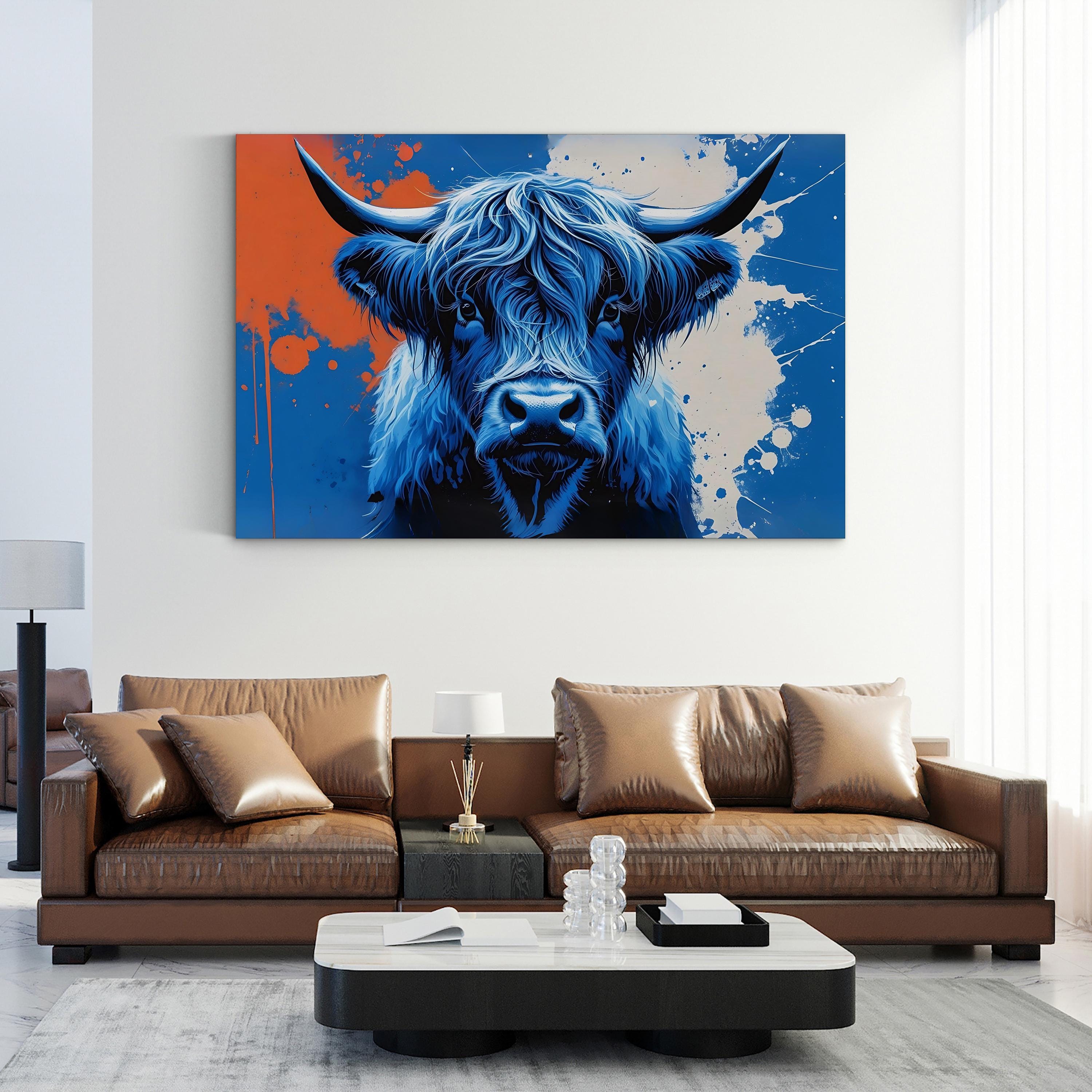 Highland Cow Canvas – Abstract Blue Animal Wall Art
