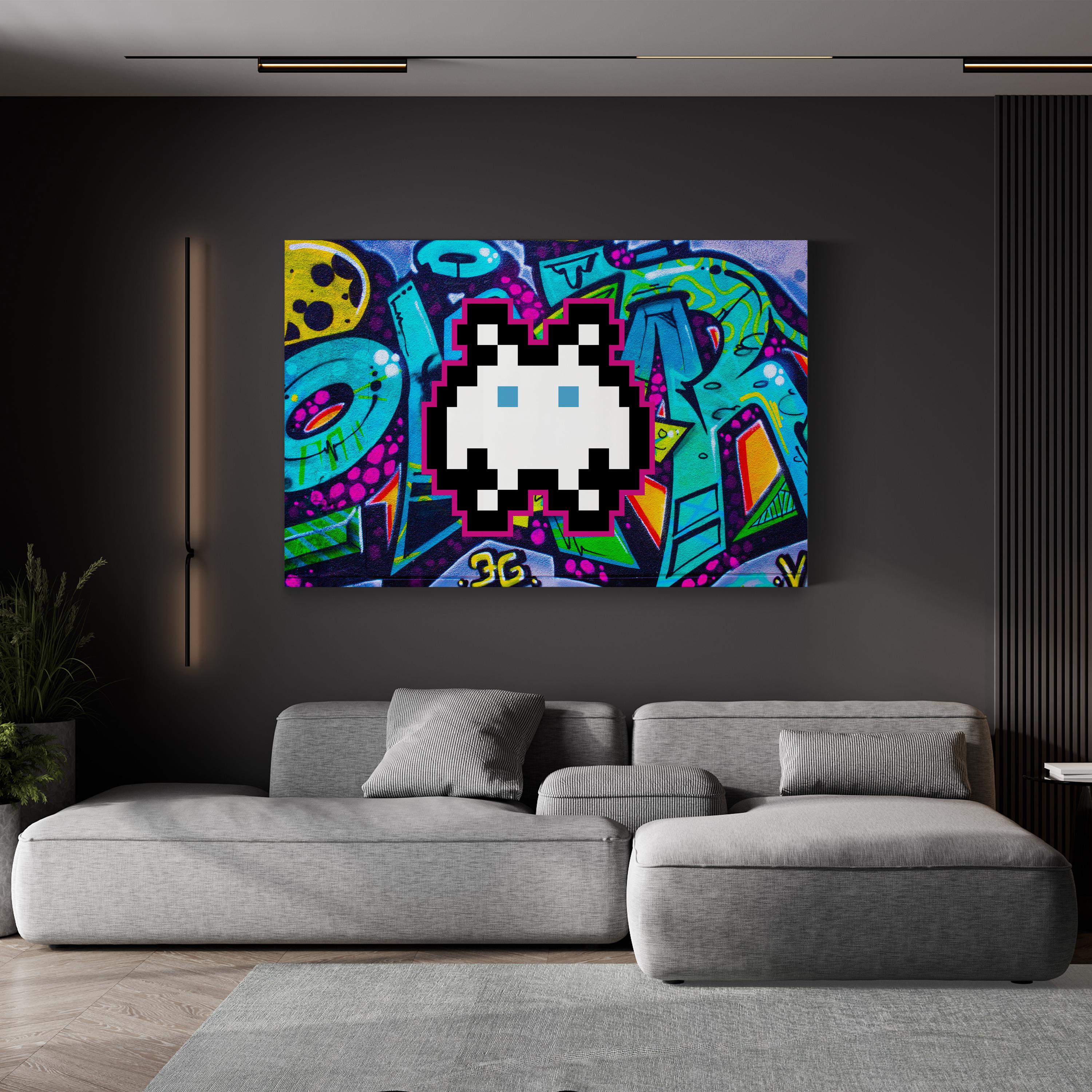 Graffiti Space Invader – Period Illustration Wall Art | Retro Pixel Canvas Print