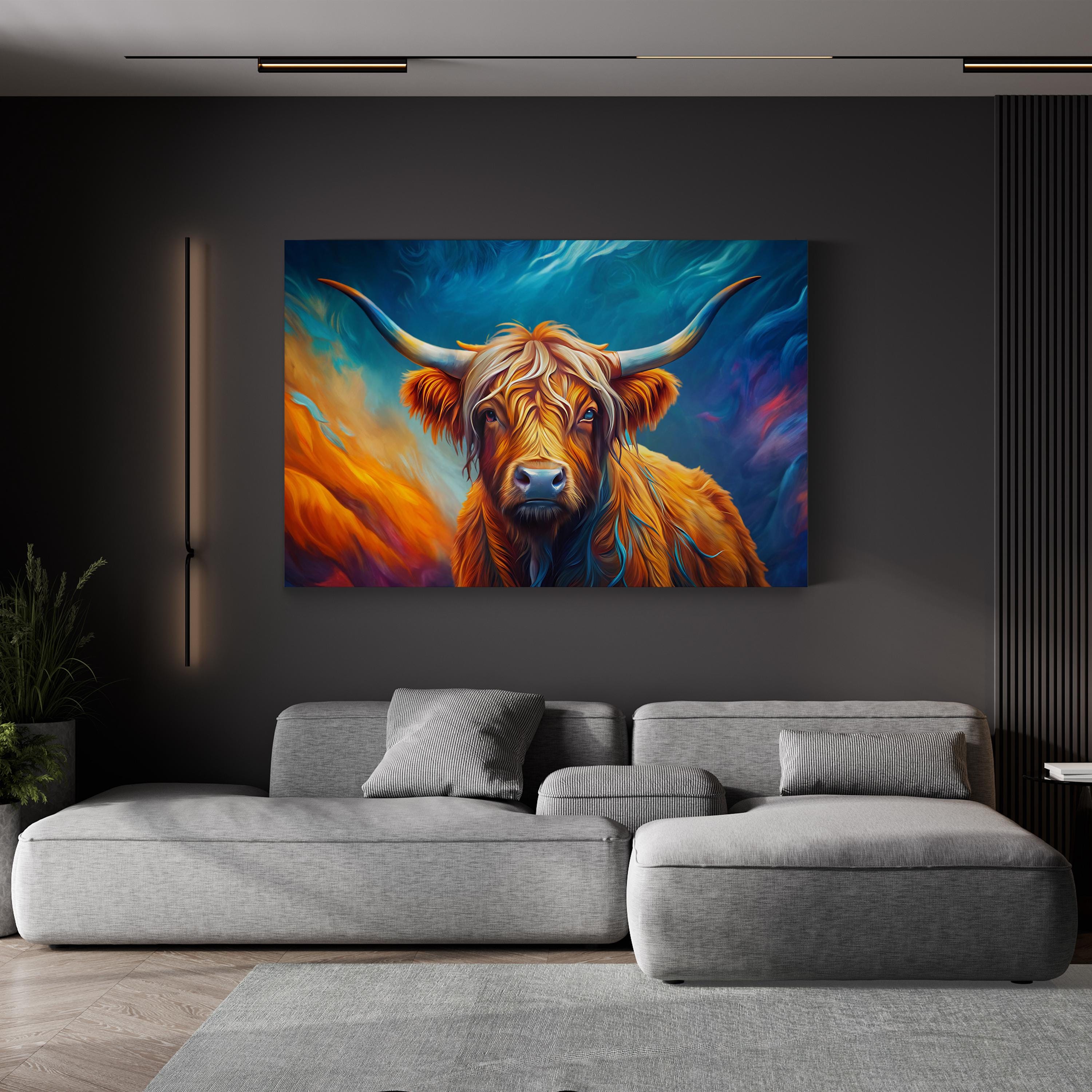 Highland Cow Canvas – Abstract Orange Wildlife Art