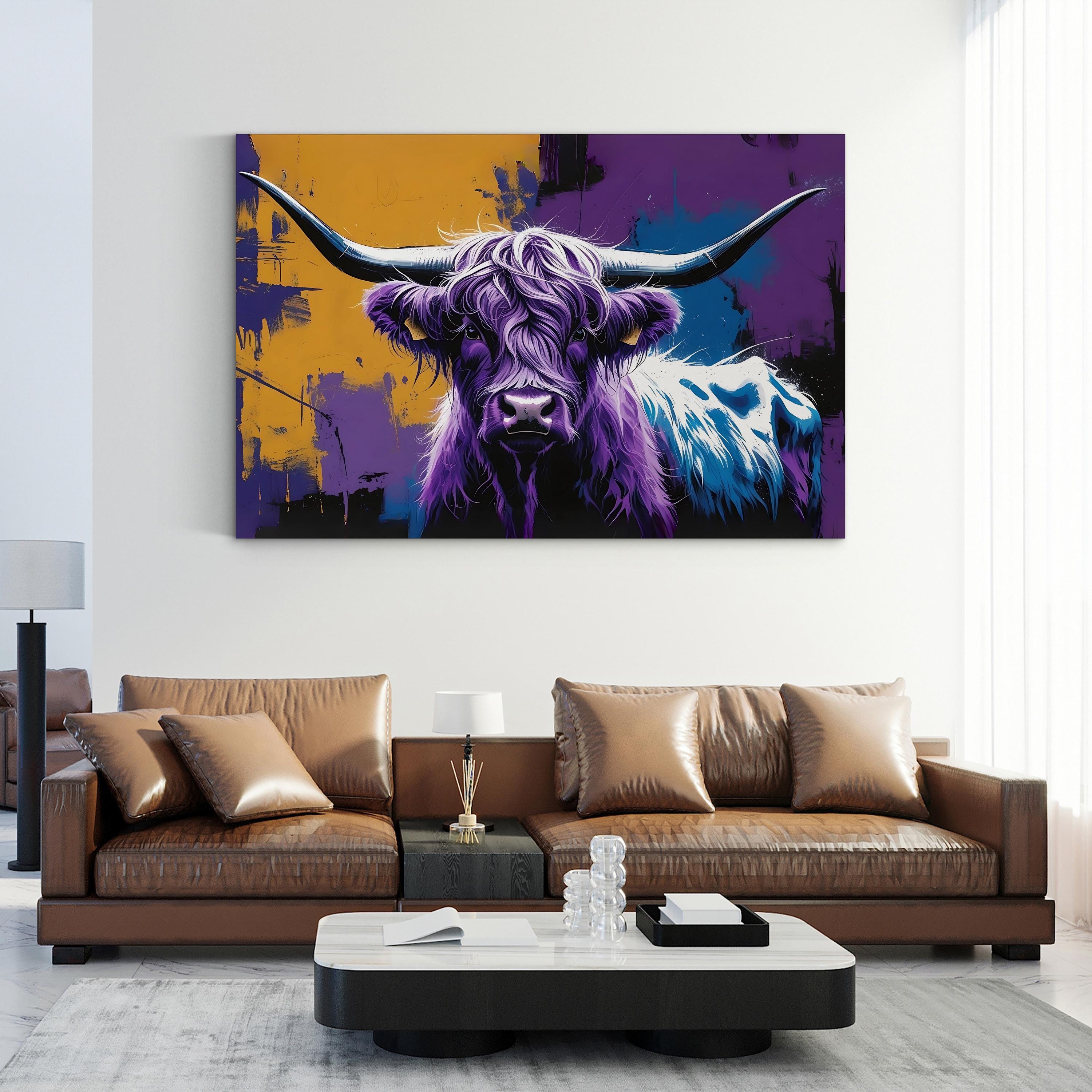 Purple Highland Cow – Period Illustration Wall Art | Modern Rustic Canvas Print
