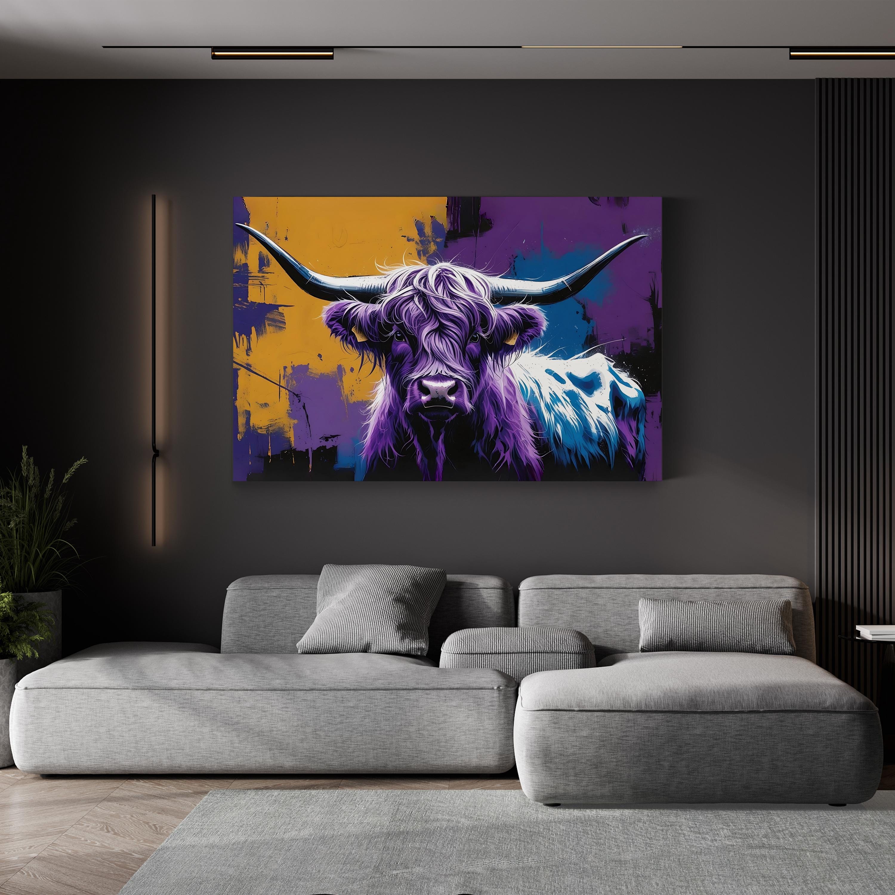 Purple Highland Cow – Period Illustration Wall Art | Modern Rustic Canvas Print