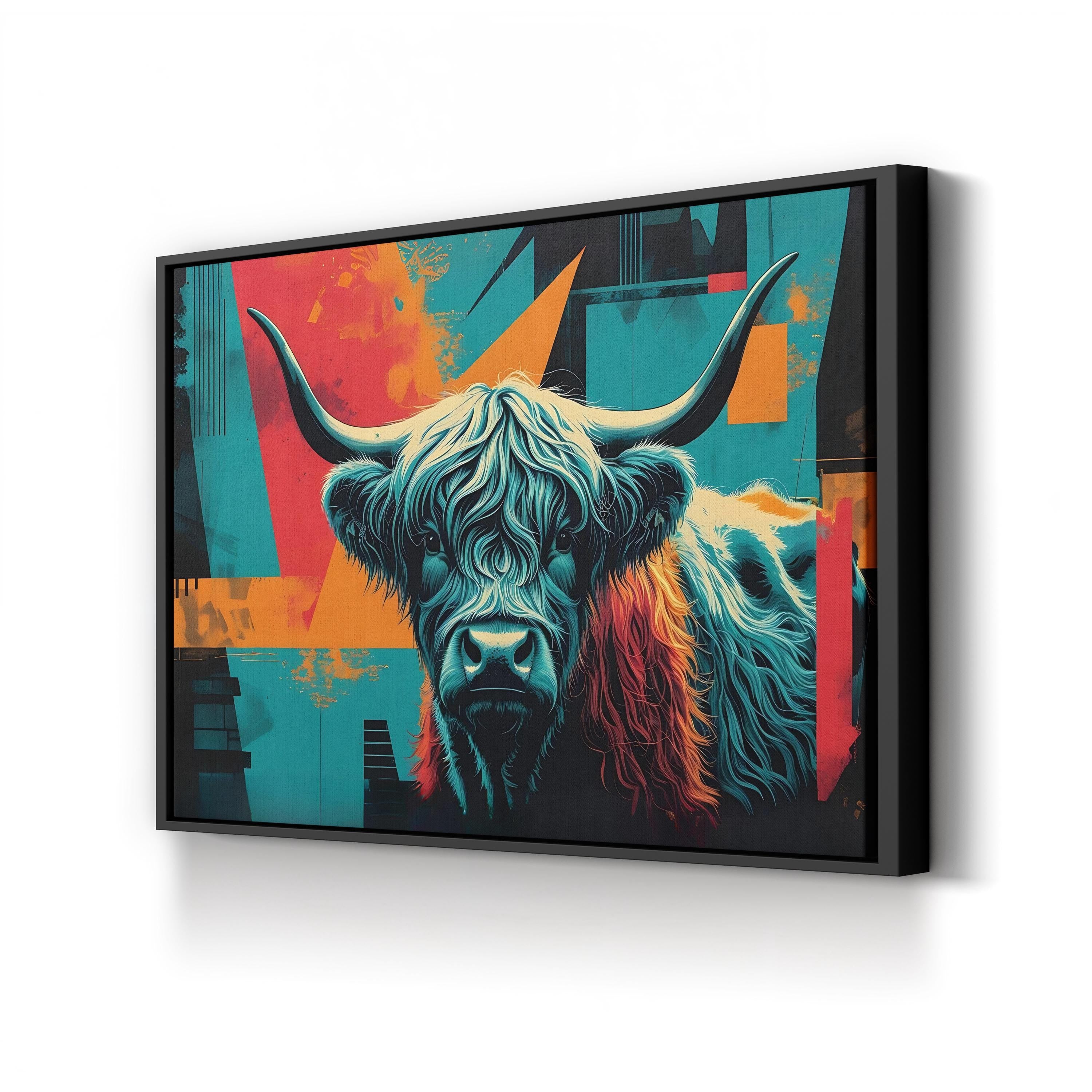 Highland Cow – Period Illustration Wall Art | Rustic Teal & Orange Canvas Print