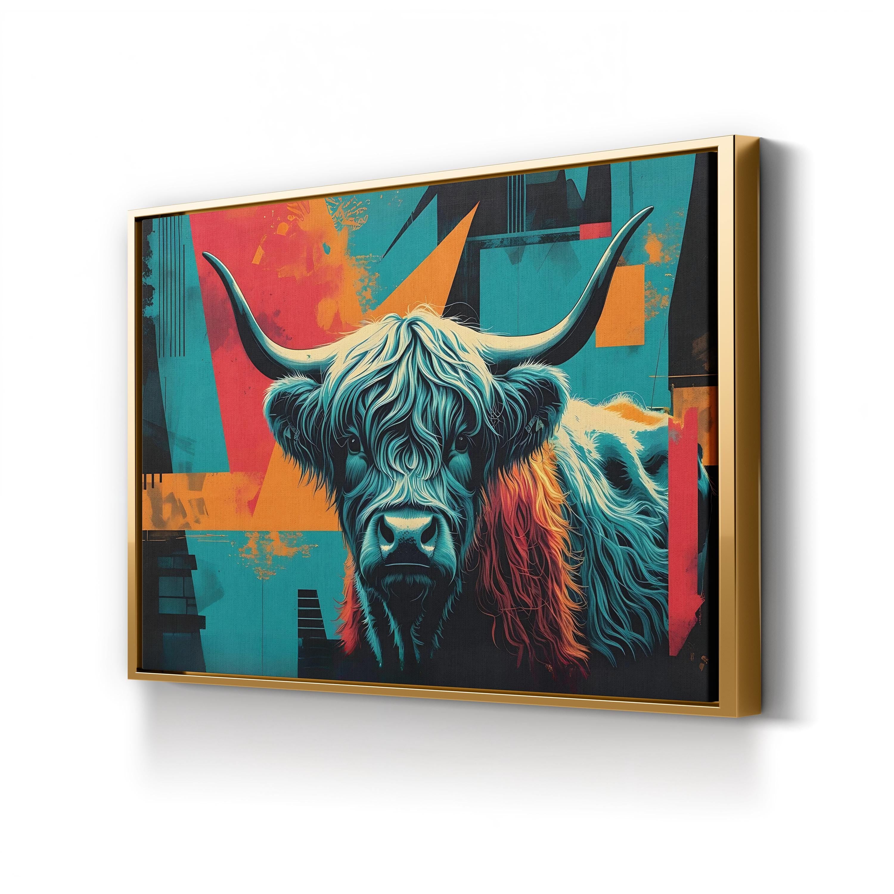Highland Cow – Period Illustration Wall Art | Rustic Teal & Orange Canvas Print