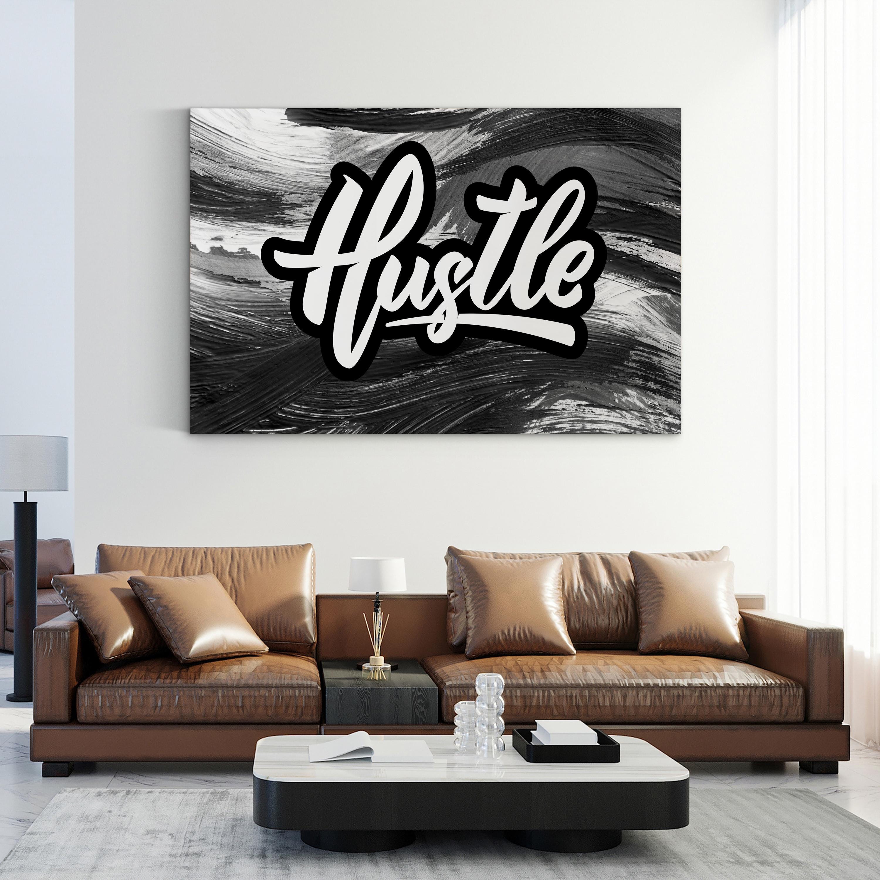 Hustle Calligraphy Canvas Print: Black and White Motivational Wall Art
