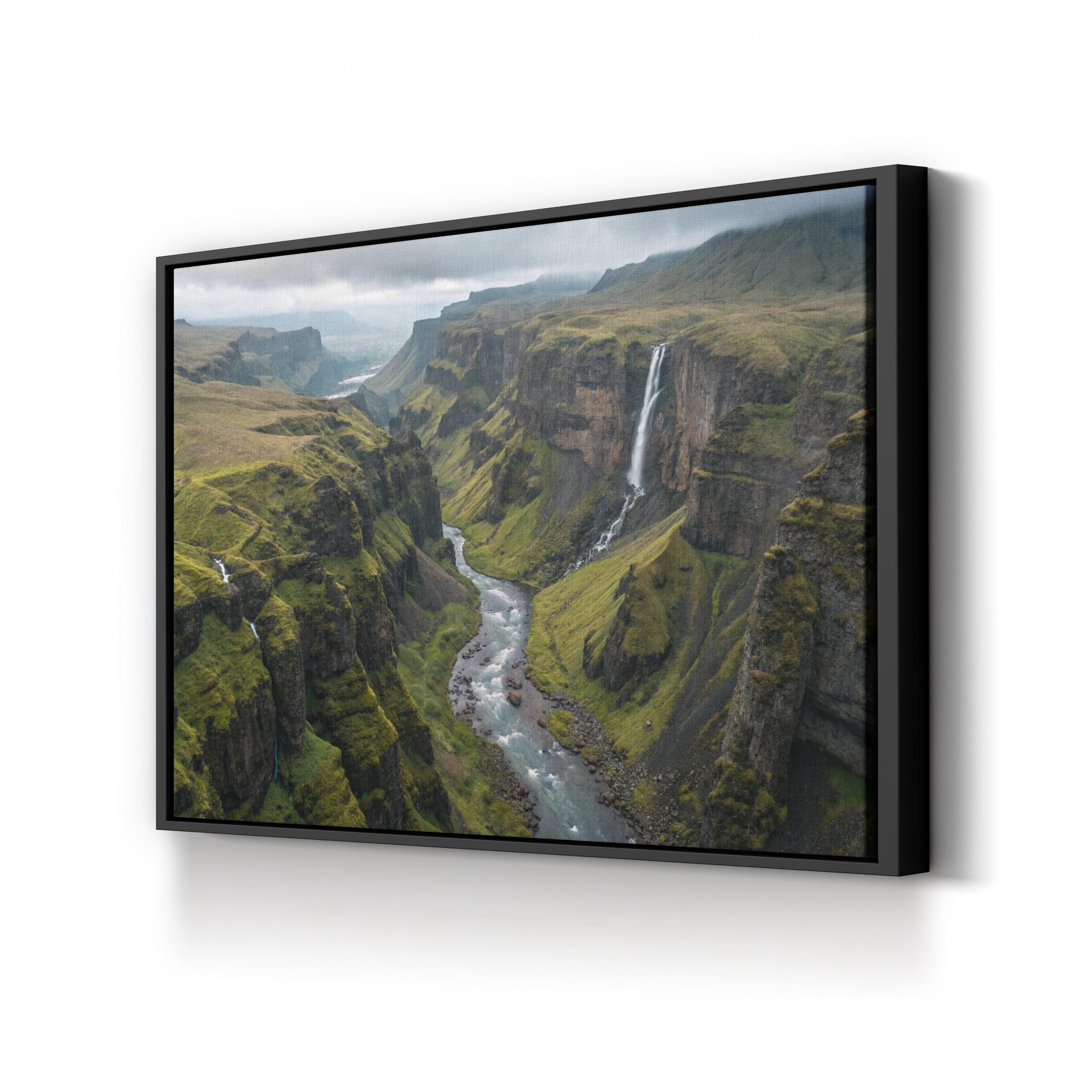 Iceland Green Canyon Waterfall – Vintage Photography Wall Art | Majestic Landscape Canvas Print