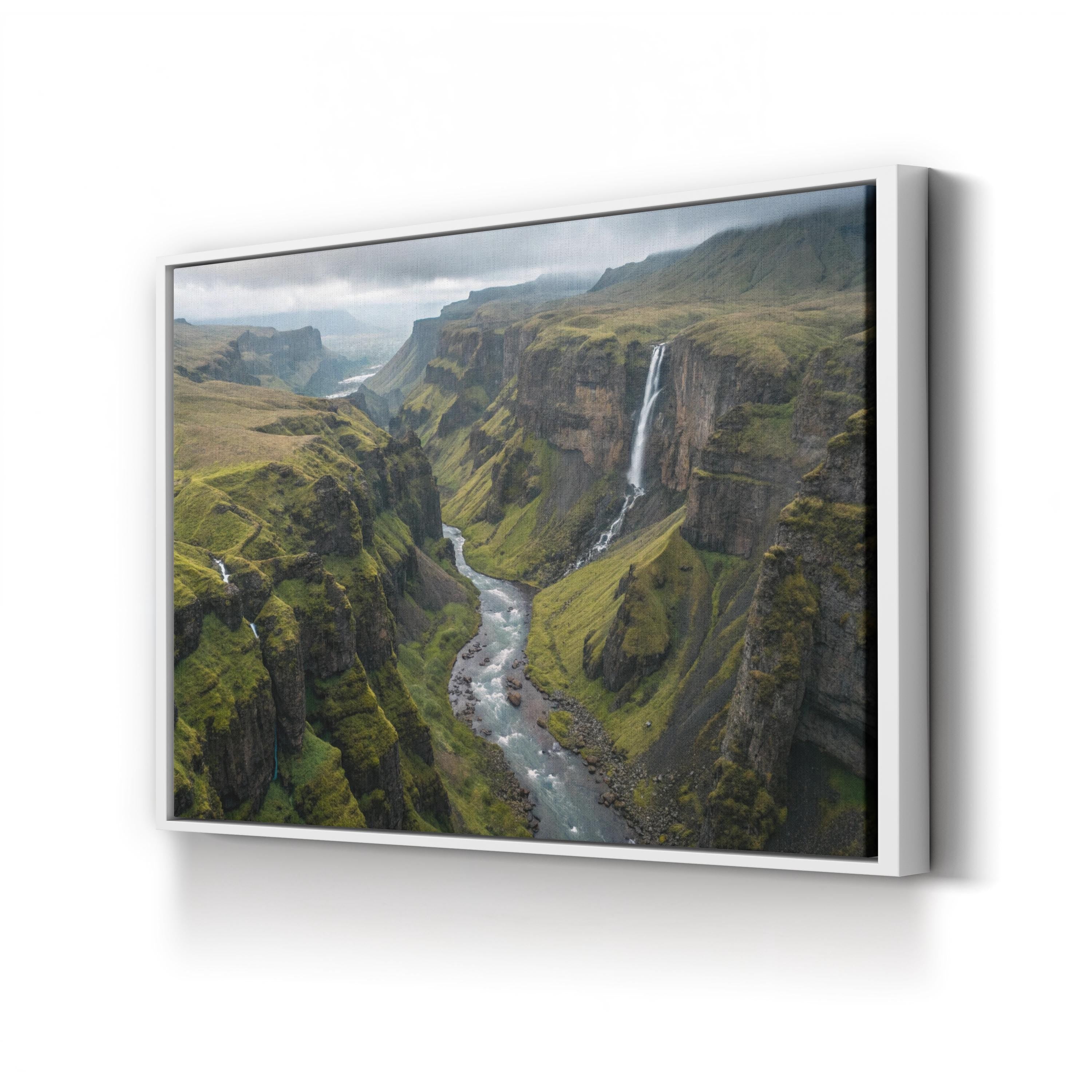 Iceland Green Canyon Waterfall – Vintage Photography Wall Art | Majestic Landscape Canvas Print